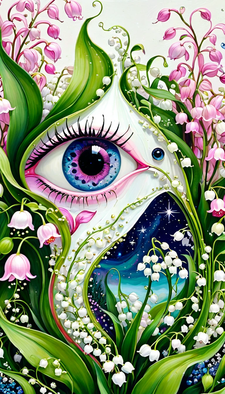 Lily of the Valley Cottage,plant,Tentacles,Eye、Starry Sky,Stitching together an abstract painting,Describing the inner world of autistic people,Sense of space,White Space,interesting,Innocence,Psychedelic Art,Pink theme