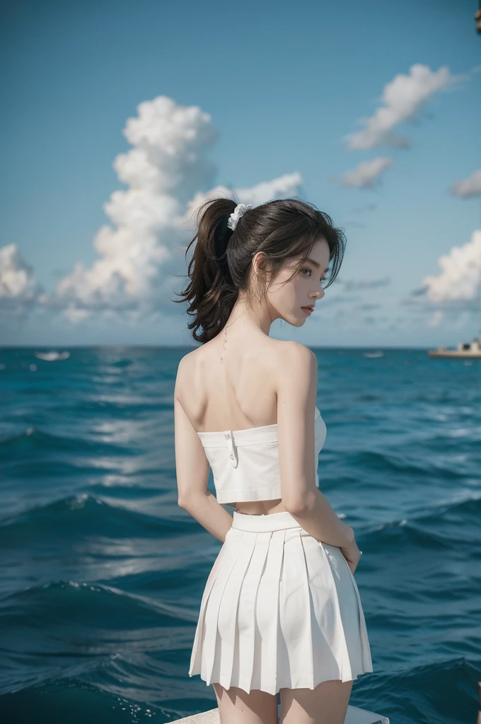 (((best quality))),(((ultra detailed))),(((masterpiece))),illustration,((1girl,naval officer,solo)),(short ponytail:1.2),((slim,thin)),((shoulder off,strapless,bare back,towering hips,butt crack)),(white collared short-sleeved shirt:1.3),(white pleated skirt:1.2),(slender legs:1.2),vibrant colors,ocean background,(on the warship:1.3),majestic,turquoise waves,sun reflection,white clouds,sky,brilliant shade of blue,confident posture,gaze fixed on horizon,wind,gently blows hair,stray strands,flutter in breeze,adventure,excitement,unknown waters,beauty,strength,determination,female power,resilience,striking looks,powerful setting,sea,captivating,inspiring image,viewer,drawn to presence,challenging environment,military service,bravery,dedication,((from back,upper body))