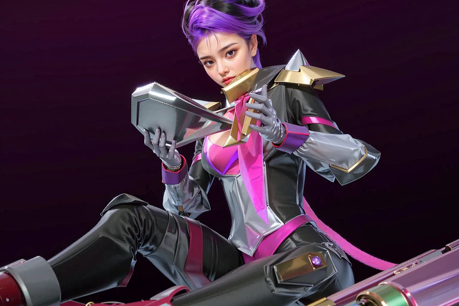 (photorealistic:1.4), best quality, masterpiece, ultra high res, 1girl, (detailed face:1.2), (detailed eyes:1.2), (detailed hair:1.2), (detailed clothes:1.2), 4k, (detailed color:1.2), Ultra detail texture, ulta detail, ultra hight, realistic, 16k, selena (/mobile legends bang-bang/), perfect body, bobs, full body, 1 woman, bokeh, detail eyes, detail face, purple hair, scarf