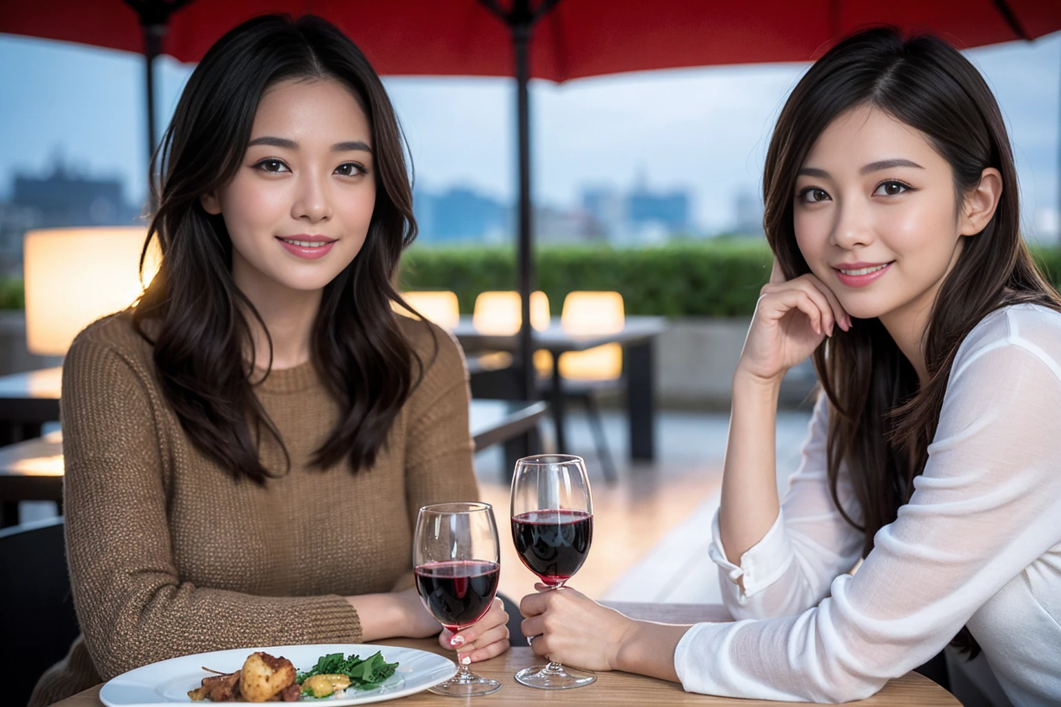 ((Highest quality、8K、masterpiece:1.3))、cute、slimカップル、modelカップル、(Realistic, Intricate details:1.2), full-course dinner、Wine Party、Amazing view of the sunset sky and clouds、A bright smile、The wonderfulness of smile、Bright image、The beauty of wine, Beautiful Face, blue eyes, The light shines on your face, Blushing, short hair,Bright Face、 (Age 37), 39 years old, red wine 、Appetizers、Italian food、Wine bottle、Champagne、sparkling wine、Two beauties、Brown Hair、Shortcuts、Long sleeve shirt、dress、Beautiful woman 1, (slimな顔), (The body is slim), (Brown Hair), (Shortcuts), cheeks turn a little red,Attractive beauty、restaurant, In a prominent place (From the waist up) Nova Frog Style, actress, model, Upper Body, White wine, slim, wine glass, 中央に置かれたwine glass, smile, (smile: 1.15), Beautiful fine grain, Depth f/2,saturation, High Contrast, Strong light and shadow,Moist Body:1.5、3D texture、Delicate eyes、Brown Hair、The hair is very shiny、