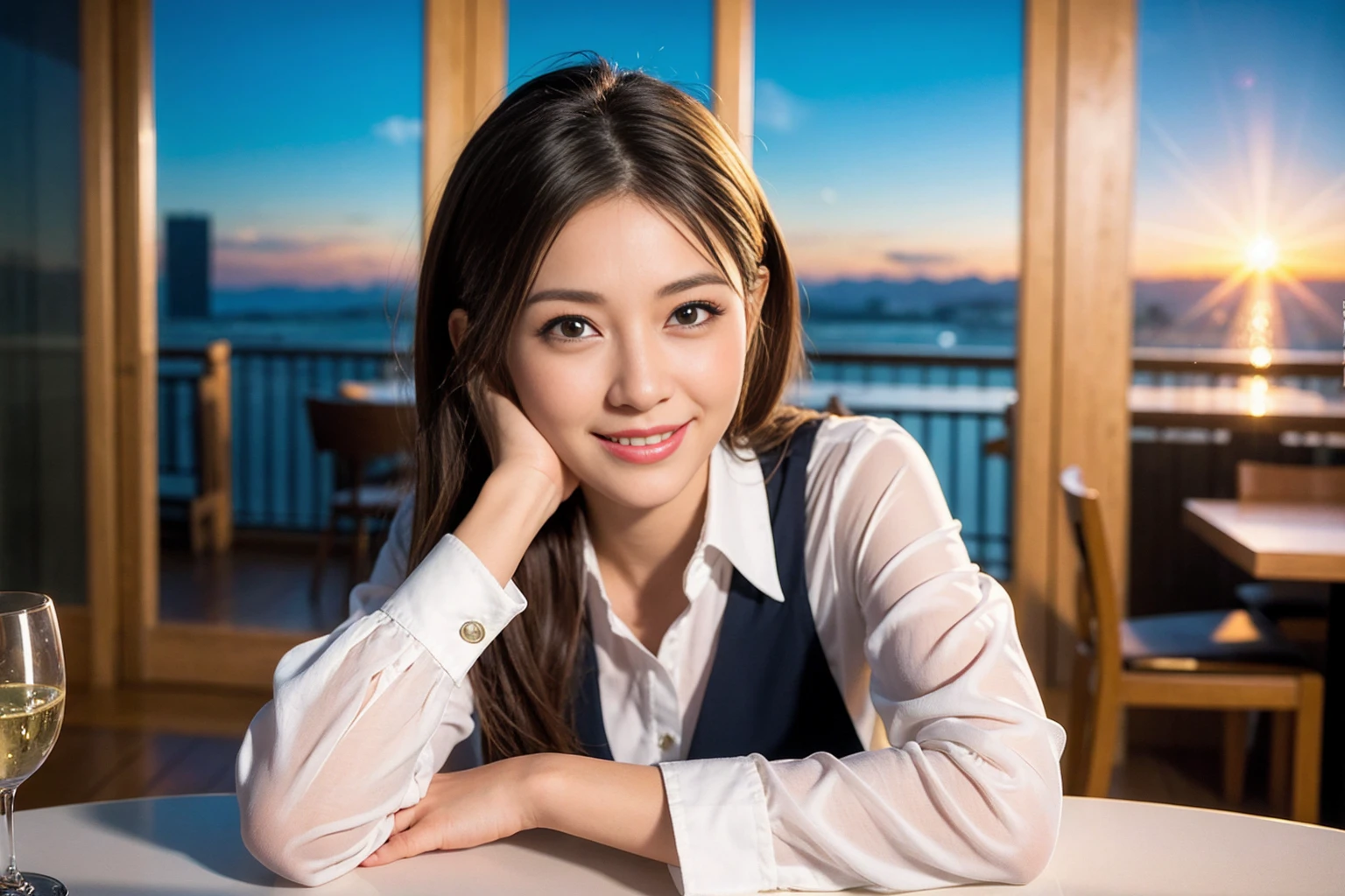 ((Highest quality、8K、masterpiece:1.3))、cute、slimカップル、modelカップル、(Realistic, Intricate details:1.2), full-course dinner、Wine Party、Amazing view of the sunset sky and clouds、A bright smile、The wonderfulness of smile、Bright image、The beauty of wine, Beautiful Face, blue eyes, The light shines on your face, Blushing, short hair,Bright Face、 (Age 37), 39 years old, red wine 、Appetizers、Italian food、Wine bottle、Champagne、sparkling wine、Two beauties、Brown Hair、Shortcuts、Long sleeve shirt、dress、Beautiful woman 1, (slimな顔), (The body is slim), (Brown Hair), (Shortcuts), cheeks turn a little red,Attractive beauty、restaurant, In a prominent place (From the waist up) Nova Frog Style, actress, model, Upper Body, White wine, slim, wine glass, 中央に置かれたwine glass, smile, (smile: 1.15), Beautiful fine grain, Depth f/2,saturation, High Contrast, Strong light and shadow,Moist Body:1.5、3D texture、Delicate eyes、Brown Hair、The hair is very shiny、