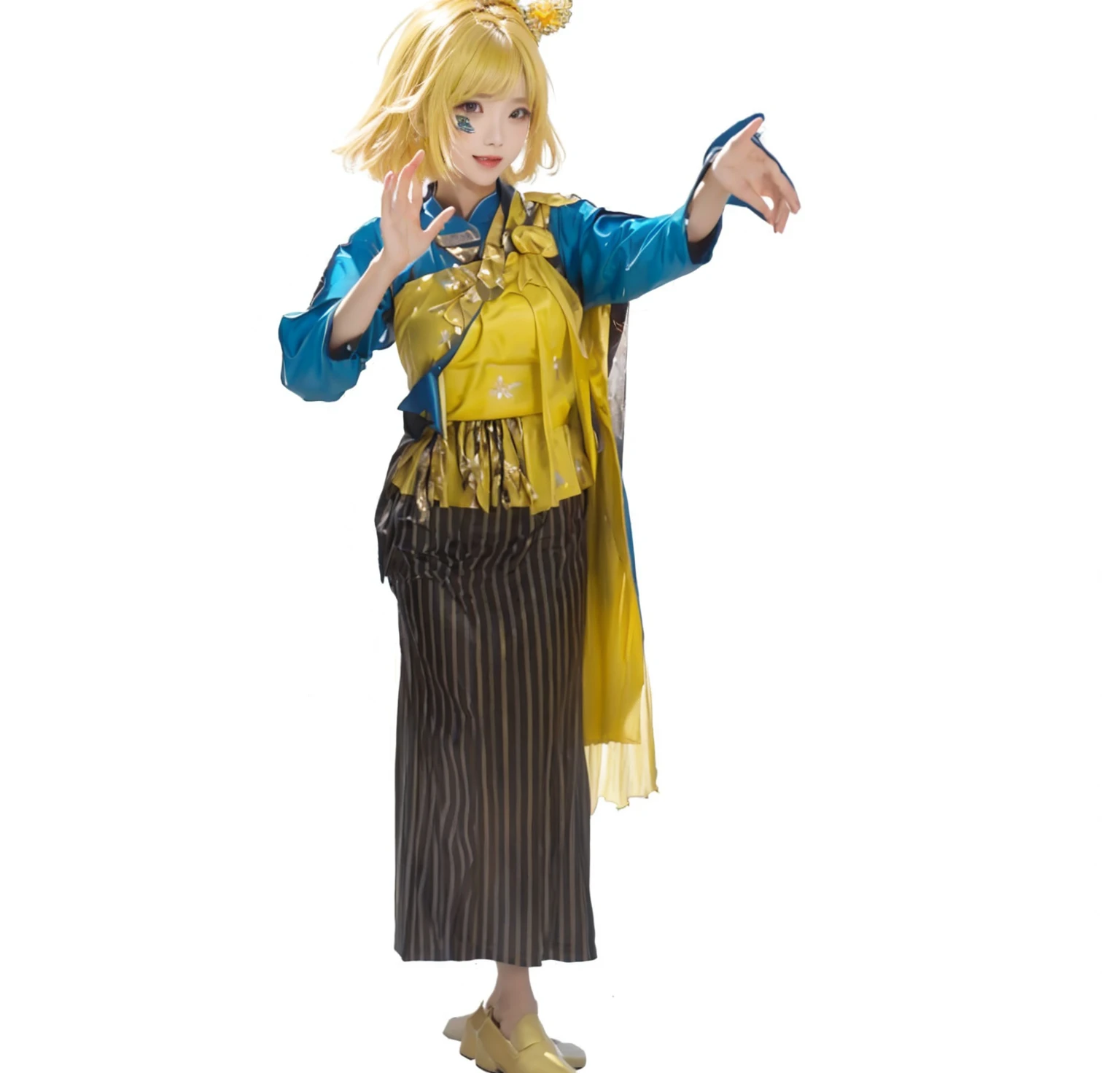 ((Masterpiece)), (best quality), (very detailed), ((very detailed)), 4k, (8k), a woman in a yellow and blue outfit, a digital rendering inspired by Yang J, instagram, mingei, full body with costume, kagamine rin, hanayamata, tai costume, zhongli from genshin impact, rin, tsukasa dokite, botw style, , sukhothai costume