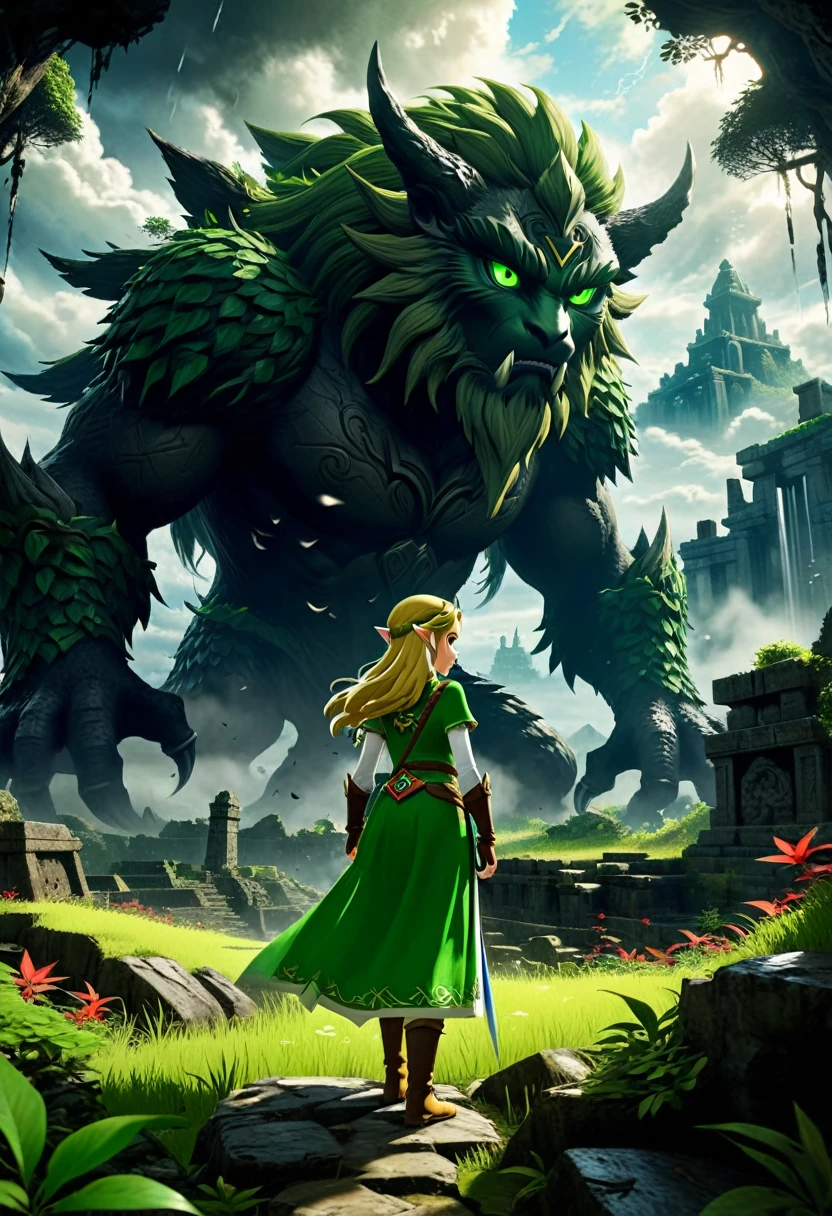 The Legend of Zelda、Impressive green eyes、Long eyelashes、Delicate nose、Beautiful and delicate Princess Zelda with plump lips、Posing gracefully in a dark fantasy landscape、Dramatic storm clouds in the sky、The dark trees that surround her々々Ancient ruins with leaves remaining、A giant shadow monster lurks in the background、Cinema Lighting、Complex and detailed texture、Vibrant colors、Digital Art、Concept Art、Matte Paint、Unreal Engine、8K、Very sophisticated、Realistic、EdobHorrorLandscape