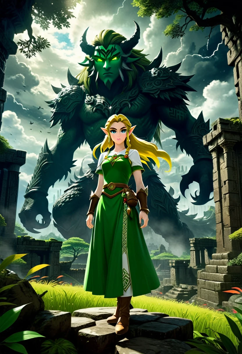 The Legend of Zelda、Impressive green eyes、Long eyelashes、Delicate nose、Beautiful and delicate Princess Zelda with plump lips、Posing gracefully in a dark fantasy landscape、Dramatic storm clouds in the sky、The dark trees that surround her々々Ancient ruins with leaves remaining、A giant shadow monster lurks in the background、Cinema Lighting、Complex and detailed texture、Vibrant colors、Digital Art、Concept Art、Matte Paint、Unreal Engine、8K、Very sophisticated、Realistic、EdobHorrorLandscape