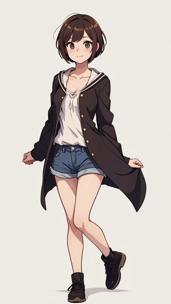 (((masterpiece, best quality, ultra highres, 1 girl, solo, no background))), super detailed skin and face and eyes and finger, beautiful japanese woman, small breasts:1.5, skinny, light brown hair, white background, very short pixie hair, Knee shot, Generate with illustrations, Various expressions, Various poses, Please draw the entire character within the frame, ensuring that the head, arms, and legs are not cut off. The background should be simple, with the character positioned centrally, outline, anime, 2d, laugh, boyish, camisole, shorts, Lo-Fi Illustration、