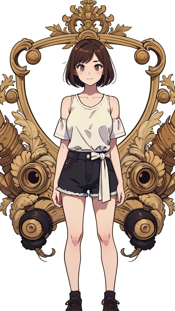 (((masterpiece, best quality, ultra highres, 1 girl, solo, no background))), super detailed skin and face and eyes and finger, beautiful japanese woman, small breasts:1.5, skinny, light brown hair, white background, very short pixie hair, Knee shot, Generate with illustrations, Various expressions, Various poses, Please draw the entire character within the frame, ensuring that the head, arms, and legs are not cut off. The background should be simple, with the character positioned centrally, outline, anime, 2d, laugh, boyish, camisole, shorts, Lo-Fi Illustration、