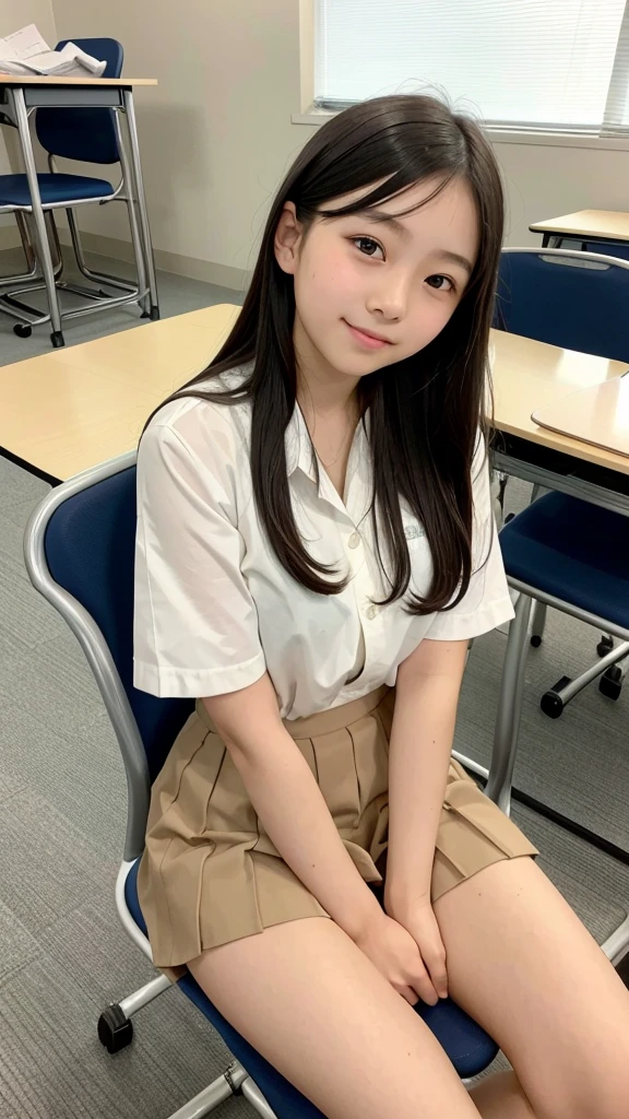 Photo of a beautiful Japanese 13 years old woman sitting on chair in class room,,after school,spread legs ,Lift up your skirt and show your panties,