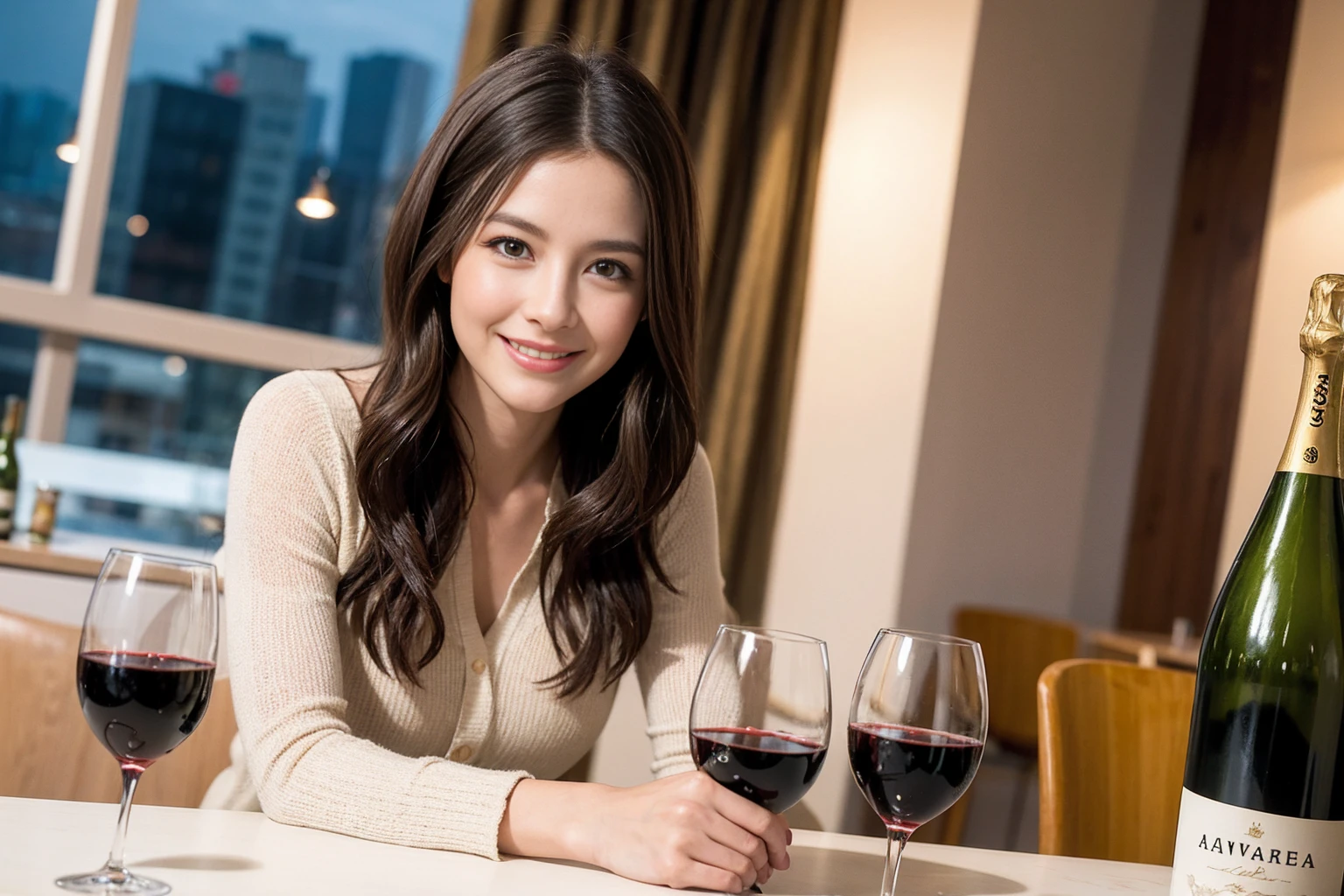 ((Highest quality、8K、masterpiece:1.3))、cute、slimカップル、modelカップル、(Realistic, Intricate details:1.2), full-course dinner、Wine Party、Amazing view of the sunset sky and clouds、A bright smile、The wonderfulness of smile、Bright image、The beauty of wine, Beautiful Face, blue eyes, The light shines on your face, Blushing, short hair,Bright Face、 (Age 37), 39 years old, red wine 、Appetizers、Italian food、Wine bottle、Champagne、sparkling wine、Two beauties、Brown Hair、Shortcuts、Long sleeve shirt、dress、Beautiful woman 1, (slimな顔), (The body is slim), (Brown Hair), (Shortcuts), cheeks turn a little red,Attractive beauty、restaurant, In a prominent place (From the waist up) Nova Frog Style, actress, model, Upper Body, White wine, slim, wine glass, 中央に置かれたwine glass, smile, (smile: 1.15), Beautiful fine grain, Depth f/2,saturation, High Contrast, Strong light and shadow,Moist Body:1.5、3D texture、Delicate eyes、Brown Hair、The hair is very shiny、