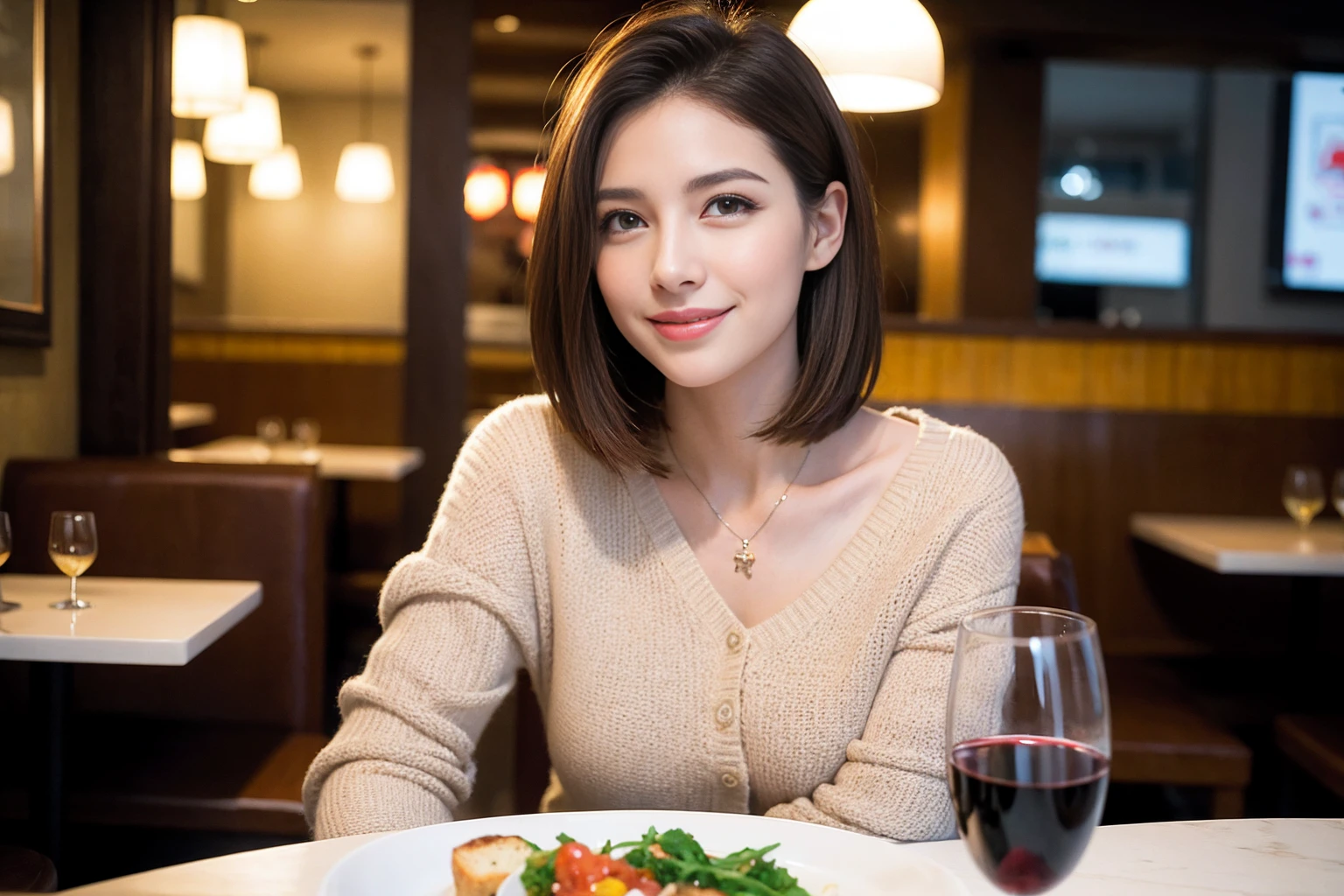 ((Highest quality、8K、masterpiece:1.3))、cute、slimカップル、modelカップル、(Realistic, Intricate details:1.2), full-course dinner、Wine Party、Amazing view of the sunset sky and clouds、A bright smile、The wonderfulness of smile、Bright image、The beauty of wine, Beautiful Face, blue eyes, The light shines on your face, Blushing, short hair,Bright Face、 (Age 37), 39 years old, red wine 、Appetizers、Italian food、Wine bottle、Champagne、sparkling wine、Two beauties、Brown Hair、Shortcuts、Long sleeve shirt、dress、Beautiful woman 1, (slimな顔), (The body is slim), (Brown Hair), (Shortcuts), cheeks turn a little red,Attractive beauty、restaurant, In a prominent place (From the waist up) Nova Frog Style, actress, model, Upper Body, White wine, slim, wine glass, 中央に置かれたwine glass, smile, (smile: 1.15), Beautiful fine grain, Depth f/2,saturation, High Contrast, Strong light and shadow,Moist Body:1.5、3D texture、Delicate eyes、Brown Hair、The hair is very shiny、