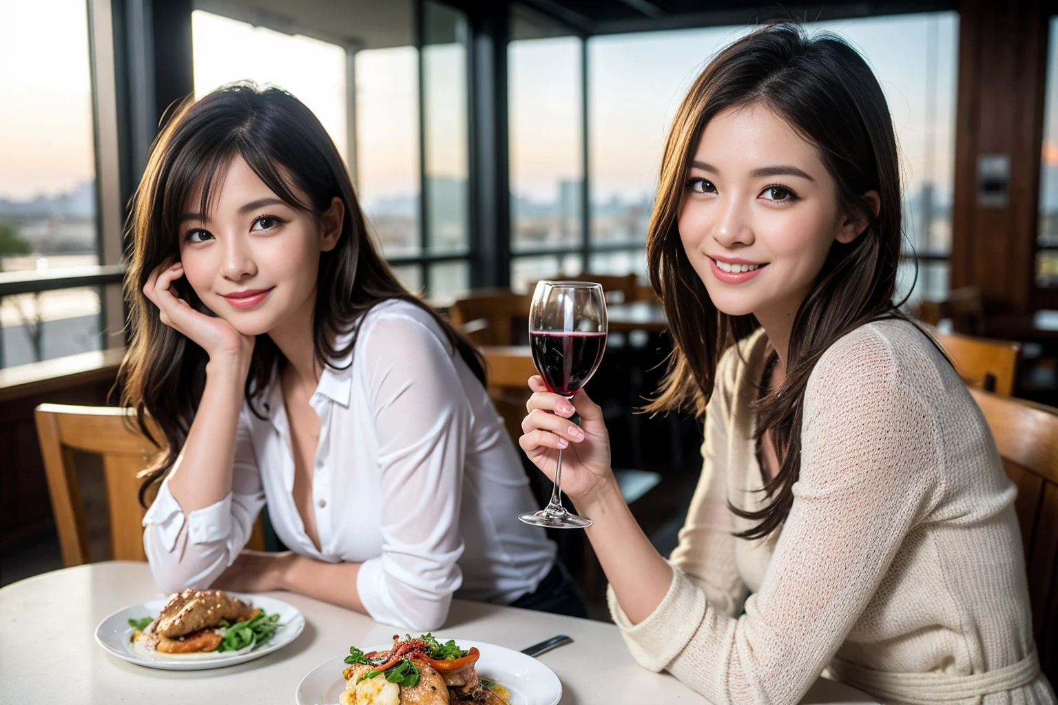 ((Highest quality、8K、masterpiece:1.3))、cute、slimカップル、modelカップル、(Realistic, Intricate details:1.2), full-course dinner、Wine Party、Amazing view of the sunset sky and clouds、A bright smile、The wonderfulness of smile、Bright image、The beauty of wine, Beautiful Face, blue eyes, The light shines on your face, Blushing, short hair,Bright Face、 (Age 37), 39 years old, red wine 、Appetizers、Italian food、Wine bottle、Champagne、sparkling wine、Two beauties、Brown Hair、Shortcuts、Long sleeve shirt、dress、Beautiful woman 1, (slimな顔), (The body is slim), (Brown Hair), (Shortcuts), cheeks turn a little red,Attractive beauty、restaurant, In a prominent place (From the waist up) Nova Frog Style, actress, model, Upper Body, White wine, slim, wine glass, 中央に置かれたwine glass, smile, (smile: 1.15), Beautiful fine grain, Depth f/2,saturation, High Contrast, Strong light and shadow,Moist Body:1.5、3D texture、Delicate eyes、Brown Hair、The hair is very shiny、