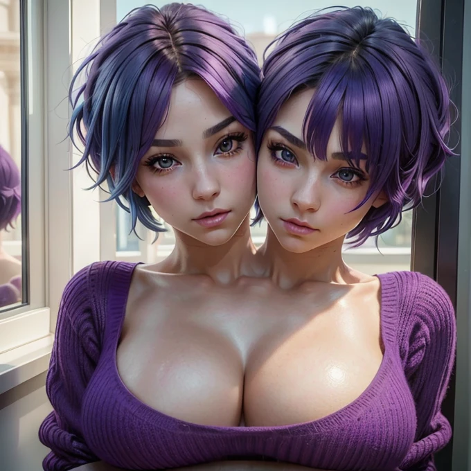 (Solo:1.2), (masterpiece:1.3), (8k, photorealistic, RAW photo, best quality: 1.4), (1girl), beautiful face, (realistic face), (purple hair, short hair:1.3), (2girl) (blue hair, short hair:1.3), beautiful hairstyle, realistic eyes, beautiful detailed eyes, (realistic skin), (large perfect breasts:1.1), ample bosom, beautiful skin, (sweater), absurdres, attractive, ultra high res, ultra realistic, highly detailed, golden ratio, (two heads)