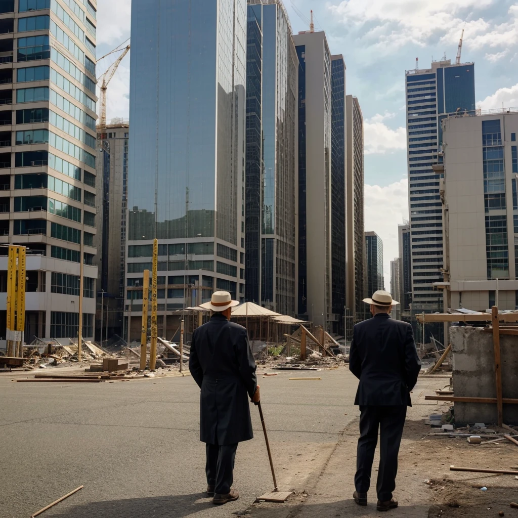 An image of a retiree in his 70s, well dressed, with wide brimmed hat, with a cane, looking back at the construction of a block of buildings, without being finished, with tall construction cranes