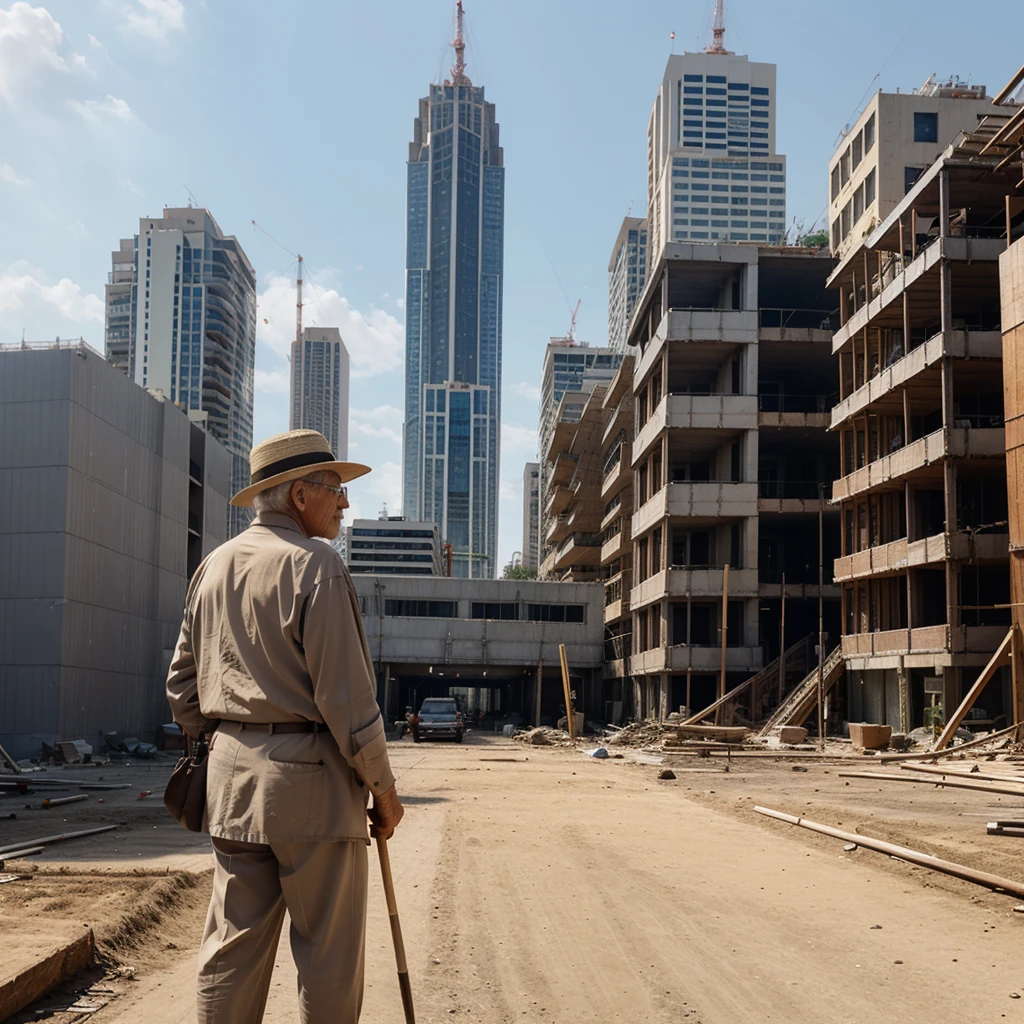 An image of a retiree in his 70s, well dressed, with wide brimmed hat,  with a cane, looking back at the construction of a block of buildings, without being finished, with tall construction cranes