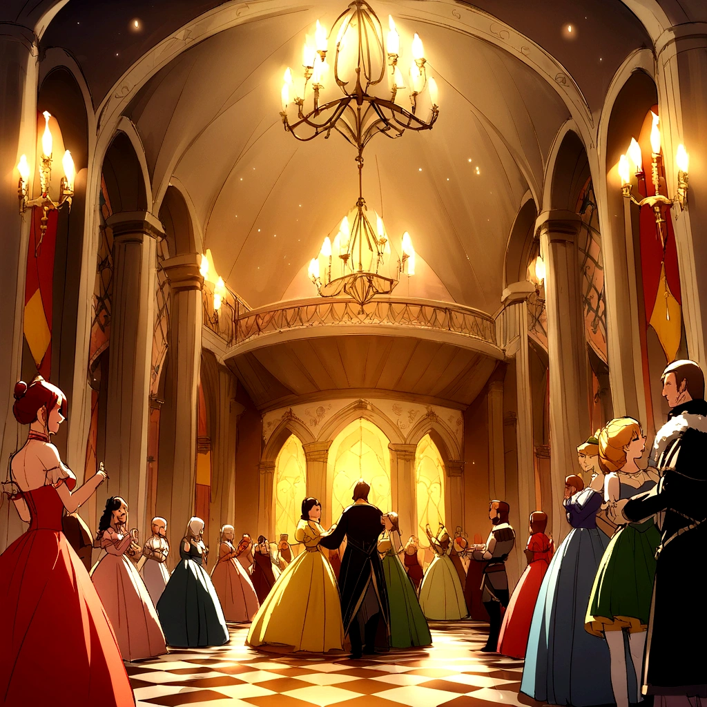 medieval ballroom with melodies and entertainment and many guests all dressed splendid. The atmosphere is lively and opulent and with bright candle lights and tapestries depicting myths and legends. There is a dancefloor and people are waltzing, view from a far distance, colors of bright soft yellow and regal colors