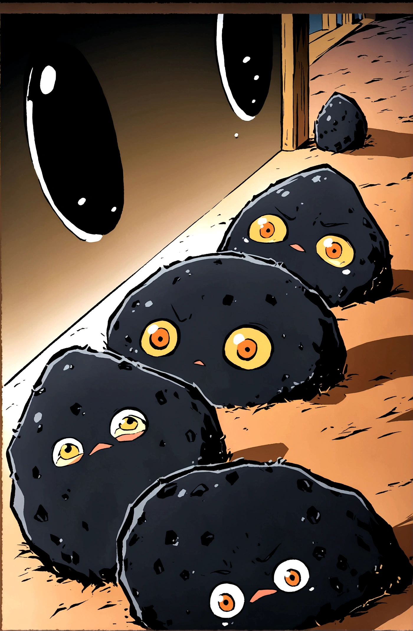 Lots of black stones,Hairy Stone,(Illustration style,Miyazaki animation style)