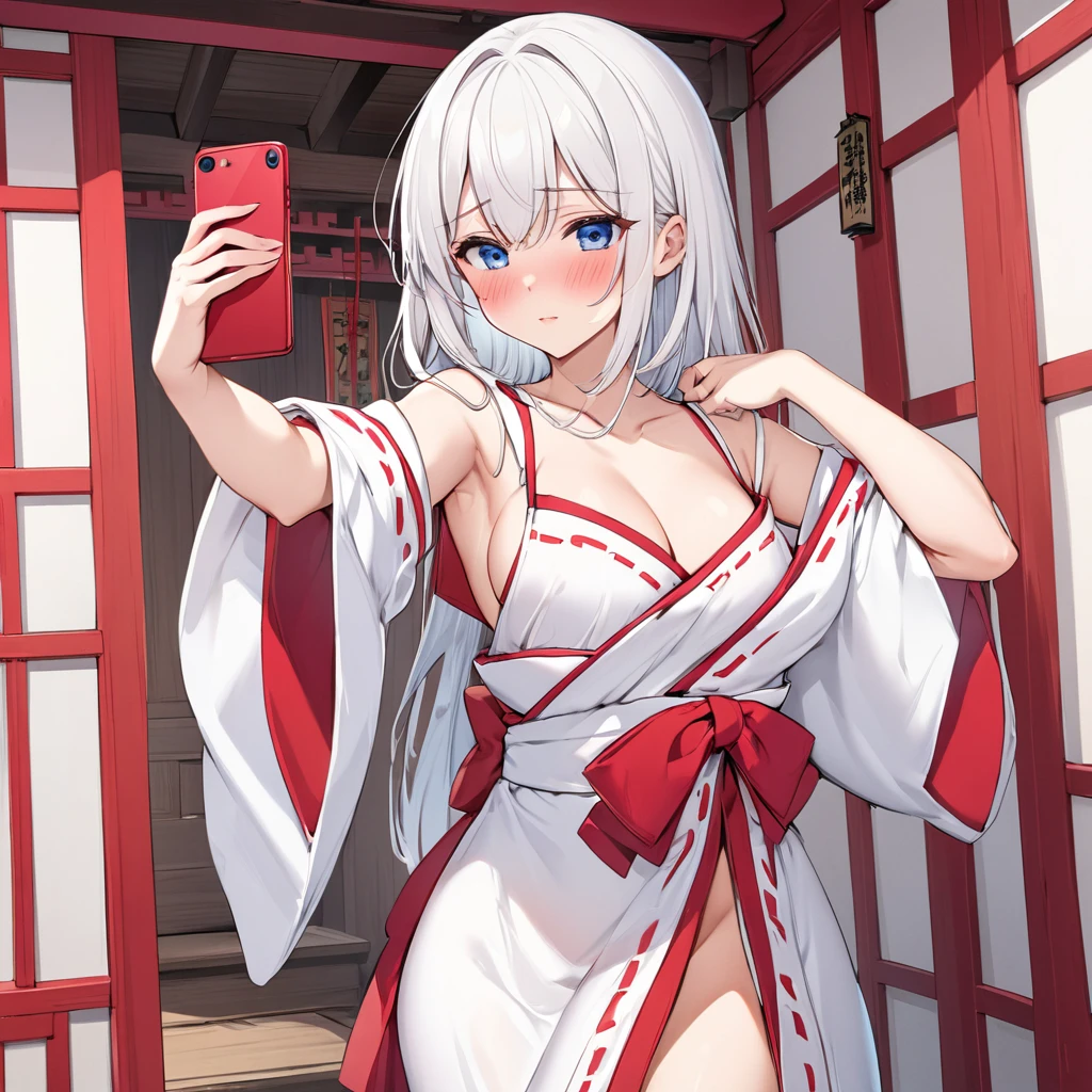 NSFW, white hair, blue eyes, medium straight hair, medium bust, adult female, solo, changing clothes, selfie, full body, blushing, shy, shrine maiden outfit, simple drawing