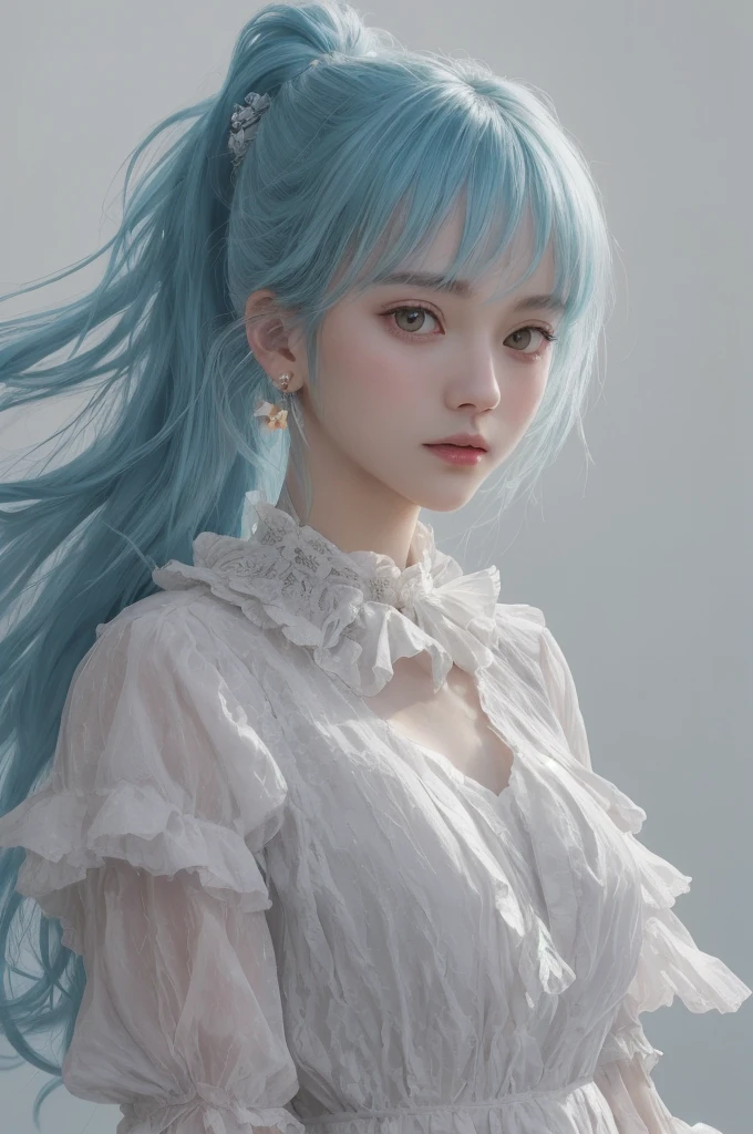 (masterpiece), (best quality), (ultra detailed),(disheveled hair),(illustration), (1girl), (Fashionable clothing), standing, Fashion model, looking at viewer, (interview), (simple background),beautiful detailed eyes, delicate beautiful face, Floating,(high saturation),(colorful splashes),colorful bubble,(shining), focus on face, ponytail, kamisato ayaka, light blue hair, bangs, hair ring, floating flowers, floating hairs, (shining), best lighting, best shadow,