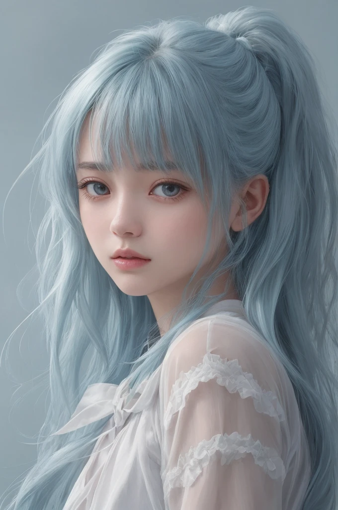 (masterpiece), (best quality), (ultra detailed),(disheveled hair),(illustration), (1girl), (Fashionable clothing), standing, Fashion model, looking at viewer, (interview), (simple background),beautiful detailed eyes, delicate beautiful face, Floating,(high saturation),(colorful splashes),colorful bubble,(shining), focus on face, ponytail, kamisato ayaka, light blue hair, bangs, hair ring, floating flowers, floating hairs, (shining), best lighting, best shadow,