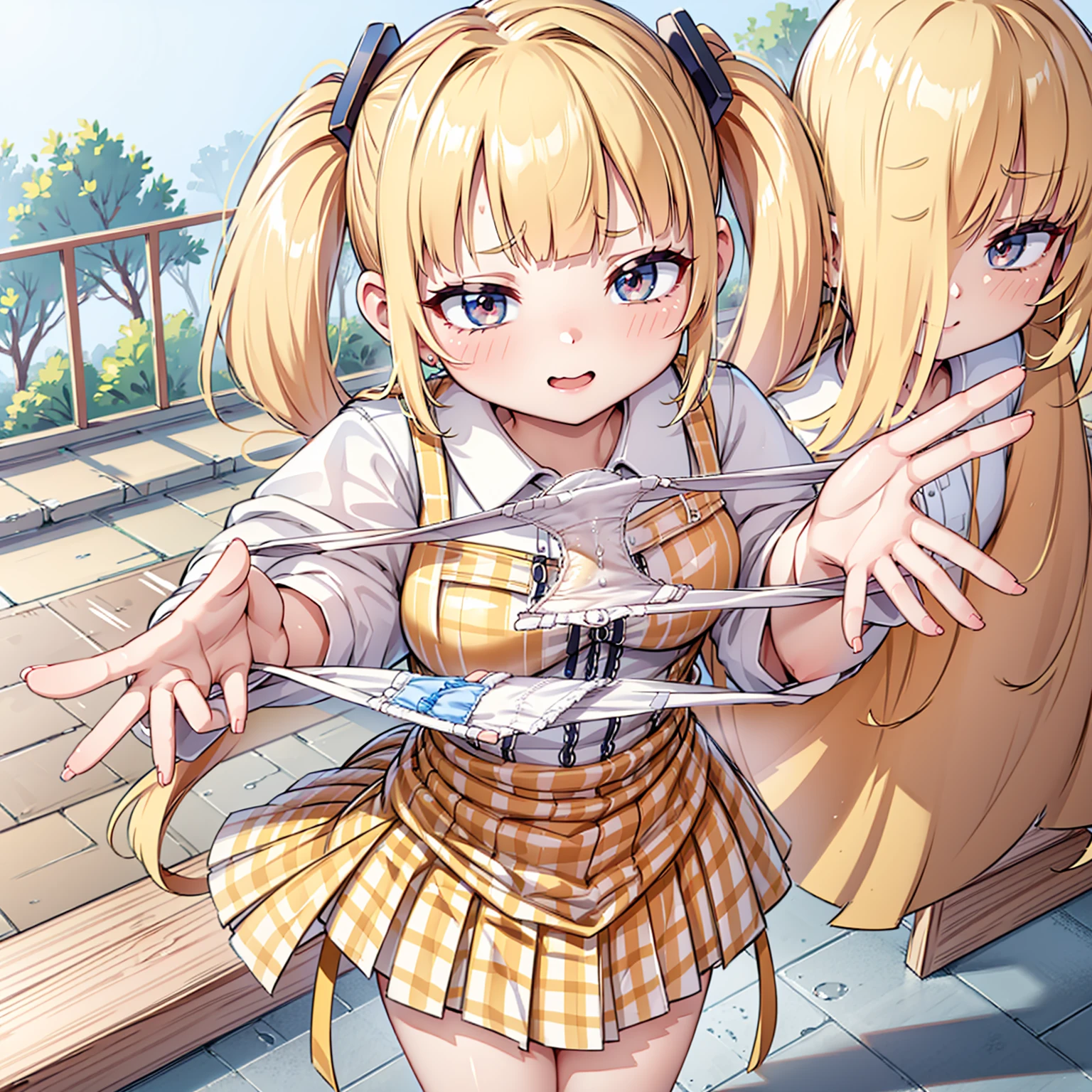 blonde, {{{Half Twin Tail:1.3}}}、shirt, blush, white shirt, hair ornaments, Manicure, Plaid skirt, Pleated skirt,
,Pay attention to the panties,
Looking down,View your audience,Panties as a gift,Tabletop, Highest quality, Perfect Skin, Detailed skin texture, Super detailed, 8K, Intricate details, Beautifully detailed face,High resolution,
 Looking down at the viewer, masterpiece, (Panties are stained with pee)、(Pussy、Love Juice)、(body odor),perfect hands
