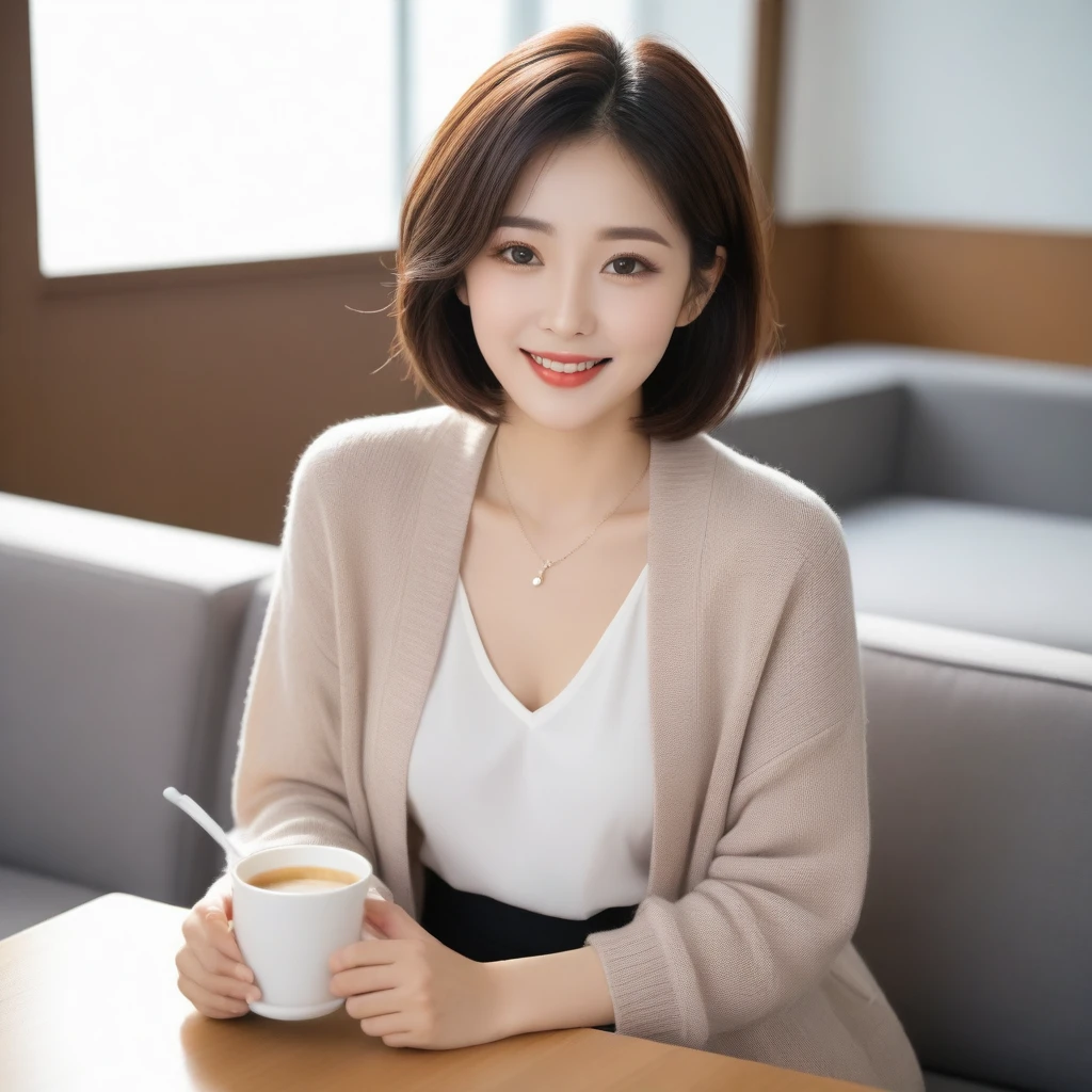 Beautiful Korean Woman , 32 inch chest size, Your eyes are big and pretty. Wearing a cardigan with a blouse, casual pants, short medium hair, Smile. necklace, sit on the sofa , coffee on the table, uhd