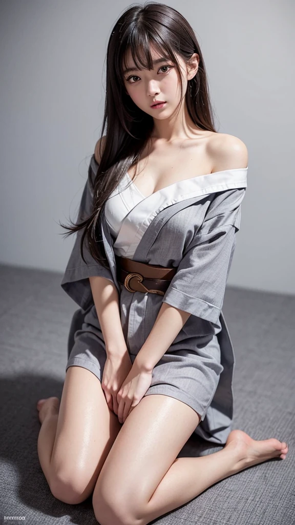 ((best quality, 8K, masterpiece :1.3)), Clear focus:1.2 ， Photorealistic，(light)，Facial detail texture. Eye details. Double eyelids, slim body. Super small breasts, Sexy clavicle，12 year old girl, Photo-realistic:1.37，Perfect eyes, ((1 Girl in a gray yukata))，（White belt），(Thick cloth)，((Ripped Linen))，There are pictures，Dark brown hair，Long hair draped loosely，Bangs，Kneeling in the snow，barefoot，Put your hands behind your back，Kneeling，Full body portrait，Short sleeve，Short skirt，Show your thighs，Wrinkles，((Solid color background))，Very shy，blush，Get wet
