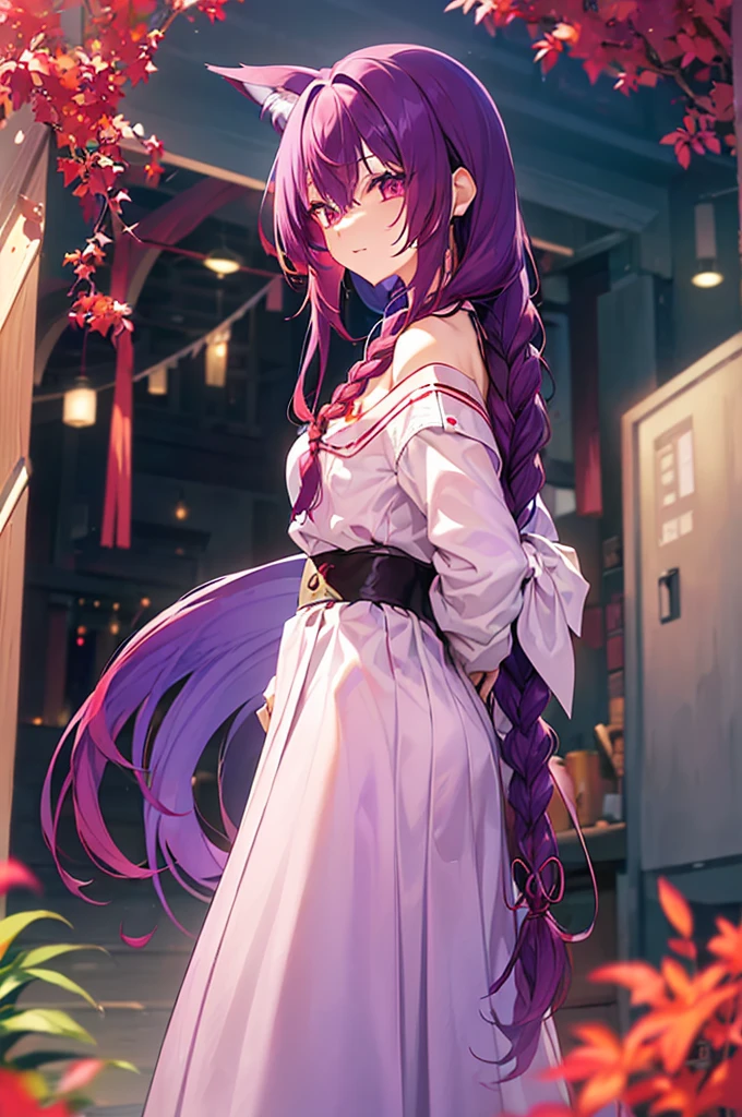 (((Purple Hair、Dye the inside of your hair red、Long Hair、Knot、Braid、Bright red eyes)))(((Fox's Tailが生えている)))、A man wearing a black robe、Smiling young man、Man standing facing forward、(((A boy standing with a stick)、(White background)、{{masterpiece}}, The best quality of life、Fox ears、Fox's Tail、Fantasy