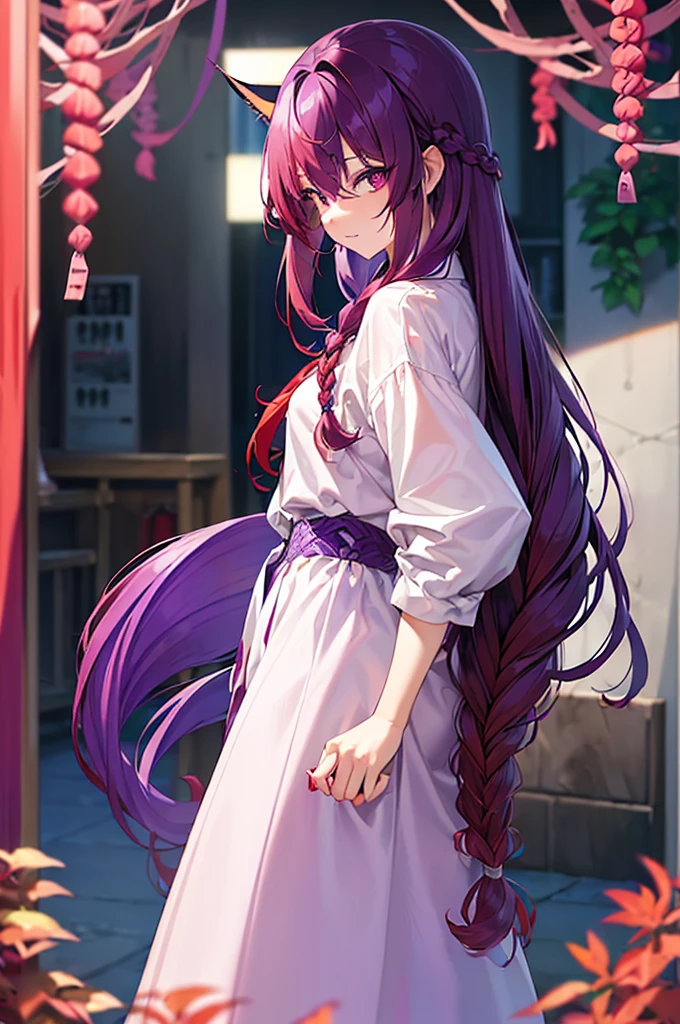 (((Purple Hair、Dye the inside of your hair red、Long Hair、Knot、Braid、Bright red eyes)))(((Fox&#39;s Tailが生えている)))、A man wearing a black robe、Smiling young man、Man standing facing forward、（（（A boy standing with a stick）、（White background）、{{masterpiece}}, The best quality of life、Fox ears、Fox&#39;s Tail、Fantasy