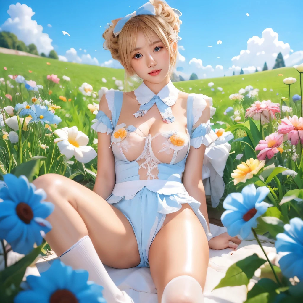 girl,Open your thighs,Sea of blue flowers,Blue sky,blue eyes,Leg socks