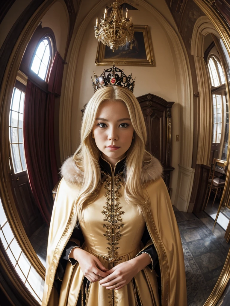 A majestic queen in a gorgeous dress。Blond Swedish woman。Fur Cape。A room in a Gothic palace。Watching the audience、((Fisheye Lens))