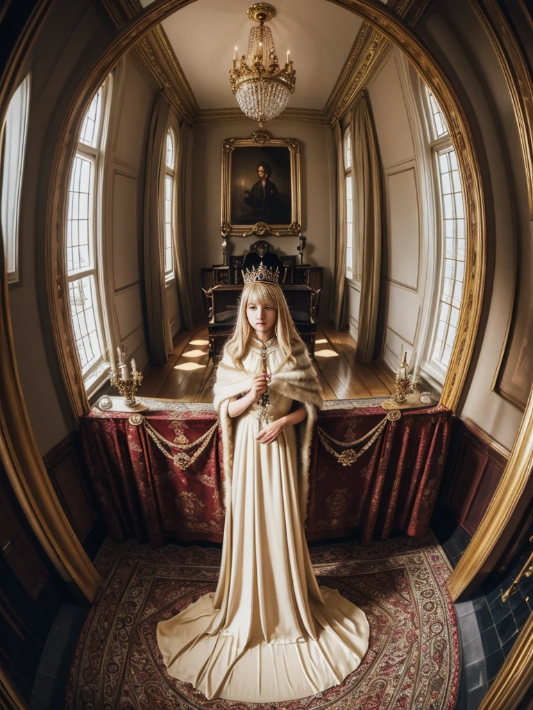 A majestic queen in a gorgeous dress。Blond Swedish woman。Fur Cape。A room in a Gothic palace。Watching the audience、((Fisheye Lens))