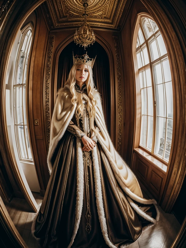 A majestic queen in a gorgeous dress。Blond Swedish woman。Fur Cape。A room in a Gothic palace。Watching the audience、((Fisheye Lens))