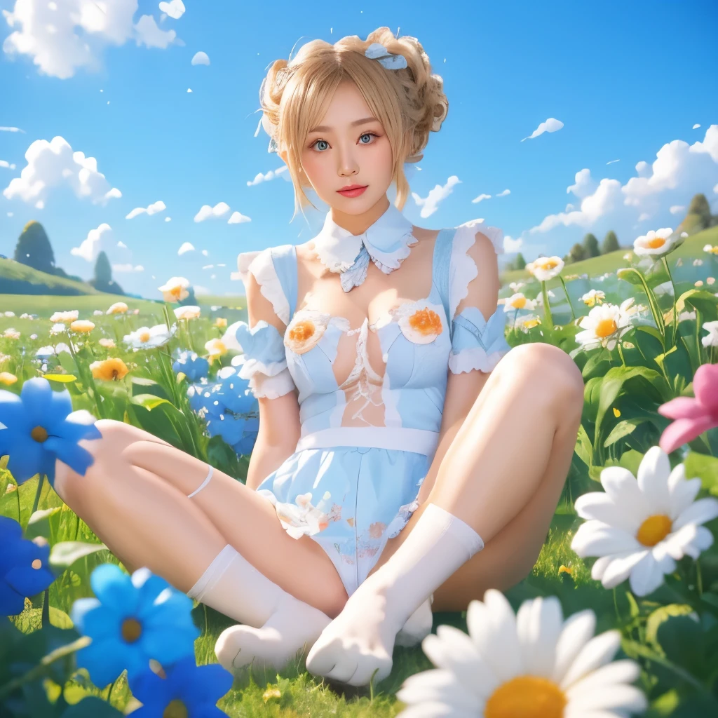 girl,Open your thighs,Sea of blue flowers,Blue sky,blue eyes,Leg socks