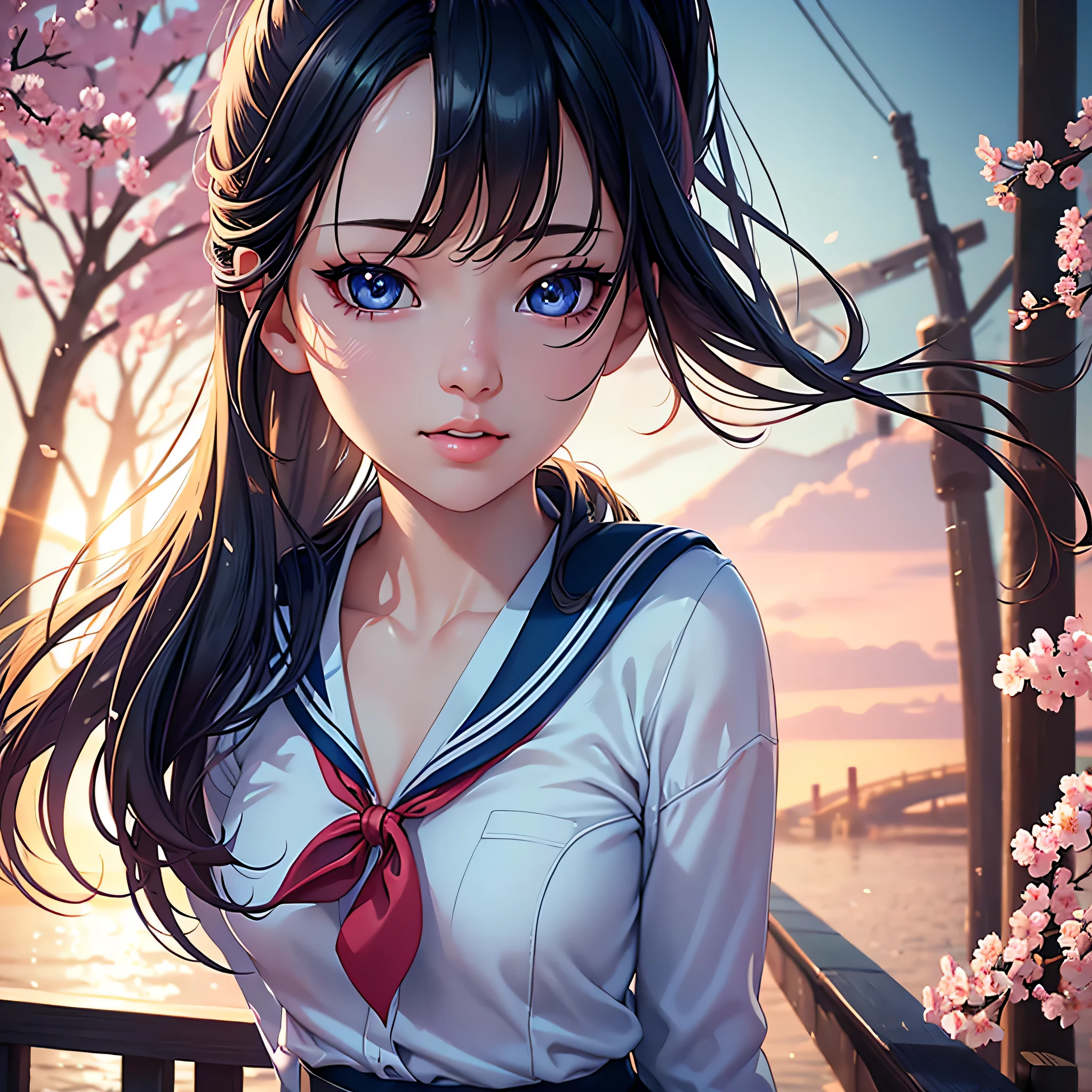 A high school girl in a Japanese , blouse with sailor collar, pleated skirt, hair in lively ponytail or flowing strands, riding a sleek and modern bike, cherry blossom trees lining the scenic path in the background, detailed gears and frame, vibrant and energetic, (best quality,4k,8k,highres,masterpiece:1.2),ultra-detailed,(realistic,photorealistic,photo-realistic:1.37),beautiful detailed eyes,beautiful detailed lips,extremely detailed eyes and face,longeyelashes,digital art,vibrant colors,dynamic composition,warm lighting,soft focus