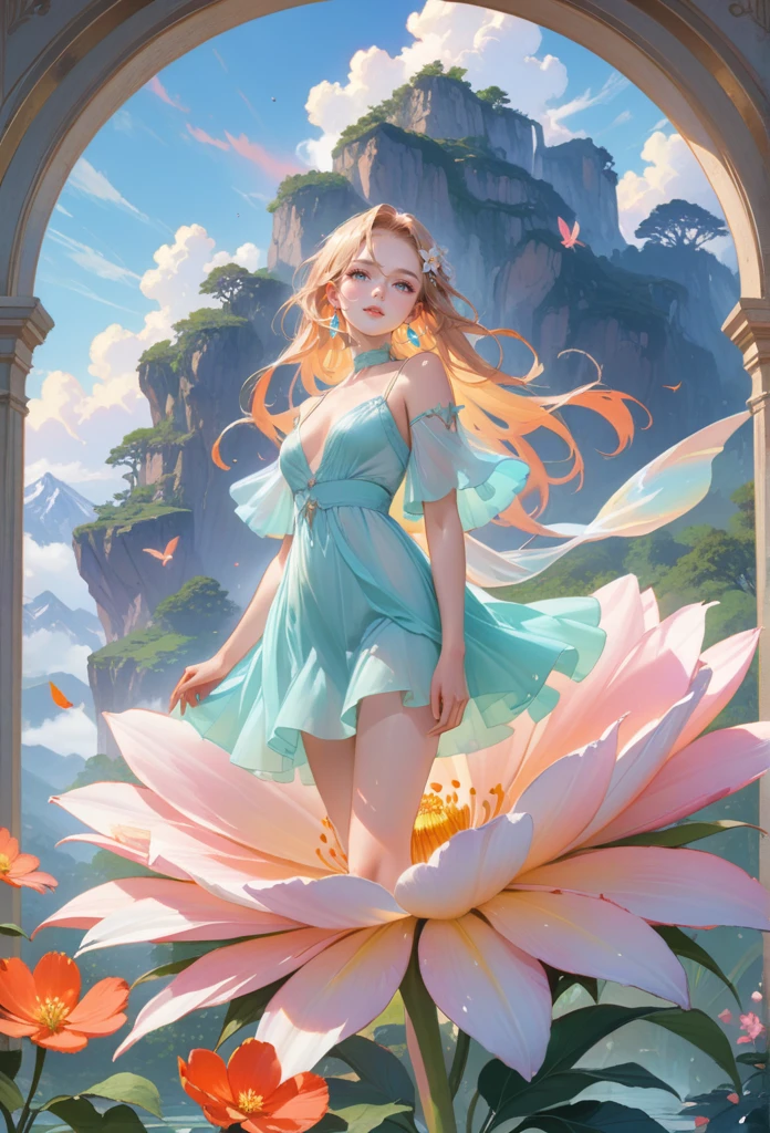 (best quality,4k,8k,highres,masterpiece:1.2),1girl,standing on giant flower,oversized_flower,on_flower,ultra-detailed,realistic:.75,delicate,vibrant color palette,ethereal atmosphere,peaceful,serene,soft sunlight filtering through colored glass,lush greenery,vividly colored blossoms,transcendent beauty,awe-inspiring artwork,face focus,dsmile:.25,