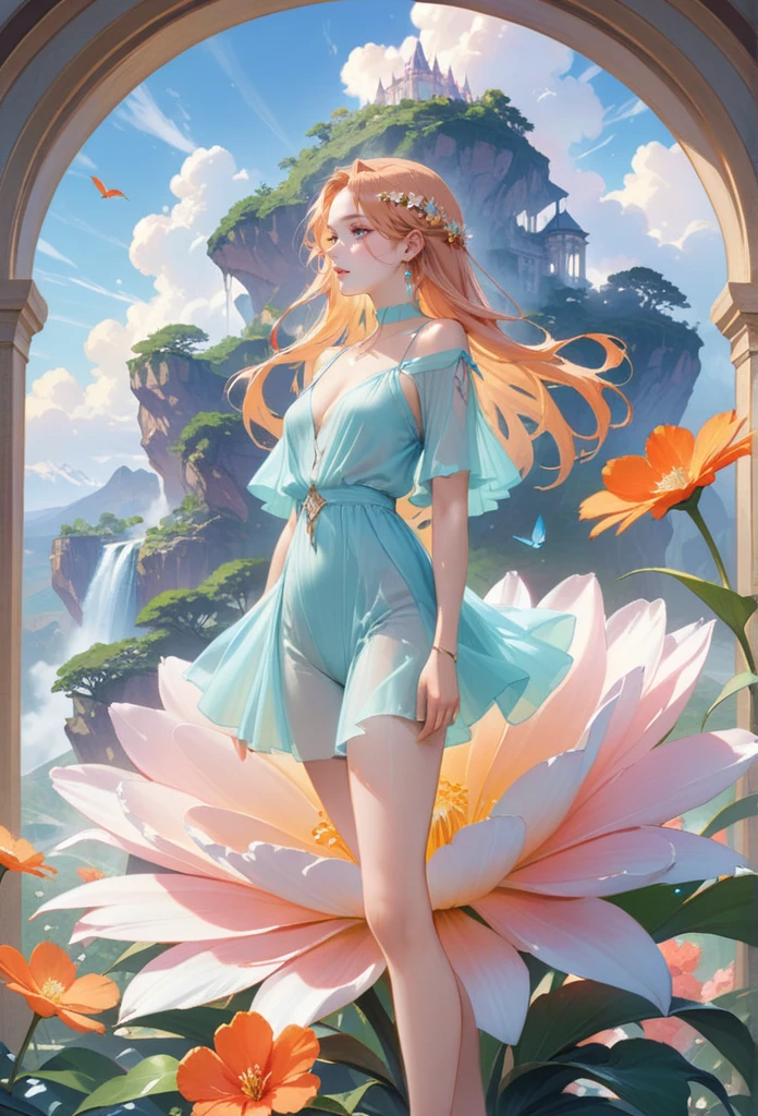 (best quality,4k,8k,highres,masterpiece:1.2),1girl,standing on giant flower,oversized_flower,on_flower,ultra-detailed,realistic:.75,delicate,vibrant color palette,ethereal atmosphere,peaceful,serene,soft sunlight filtering through colored glass,lush greenery,vividly colored blossoms,transcendent beauty,awe-inspiring artwork,face focus,dsmile:.25,