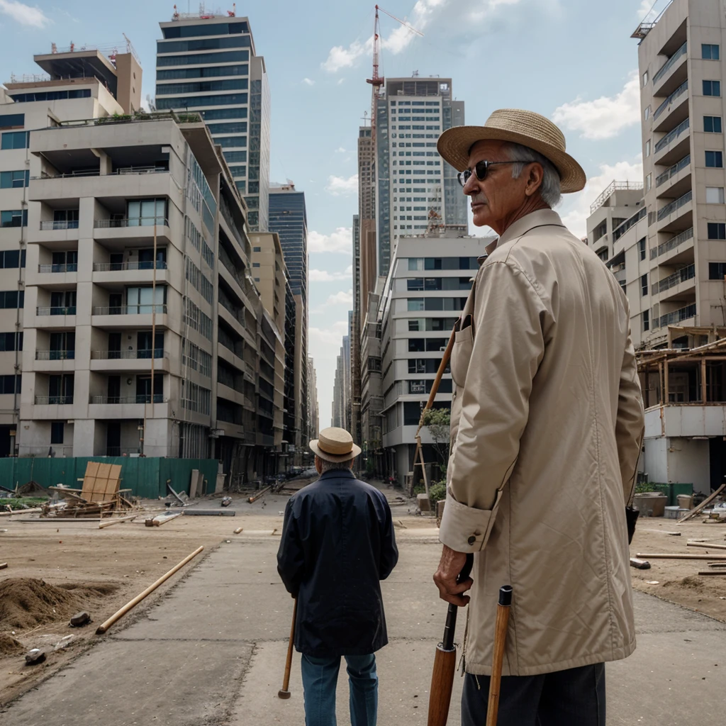 An image of a retiree in his 70s, well dressed, with wide brimmed hat, with a cane, looking back at the construction of a block of buildings, without being finished, with tall construction cranes