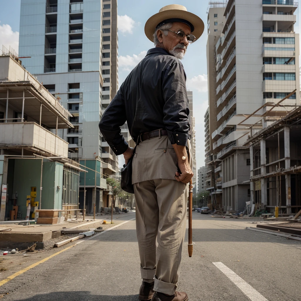 An image of a retiree in his 70s, well dressed, with wide brimmed hat,  with a cane, looking back at the construction of a block of buildings, without being finished, with tall construction cranes