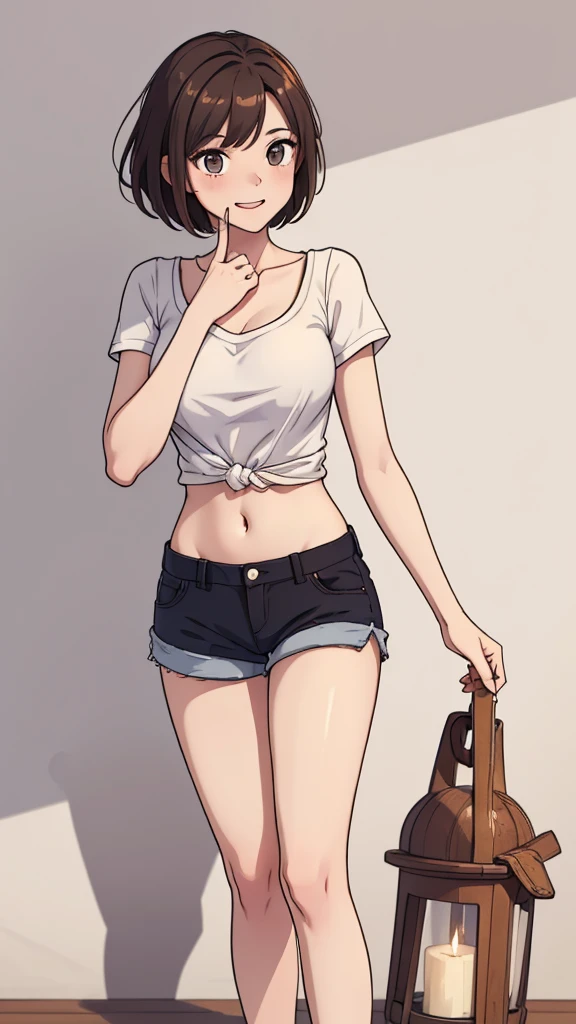 (((masterpiece, best quality, ultra highres, 1 girl, solo, no background))), super detailed skin and face and eyes and finger, beautiful japanese woman, small breasts:1.5, skinny, light brown hair, white background, very short pixie hair, Knee shot, Generate with illustrations, Various expressions, Various poses, Please draw the entire character within the frame, ensuring that the head, arms, and legs are not cut off. The background should be simple, with the character positioned centrally, outline, anime, 2d, laugh, boyish, camisole, shorts,