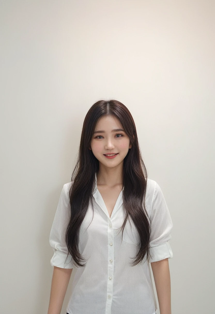 Best Quality, 8k, Masterpiece, (Portrait: 1.3), (photo realistic:1.4), (hyper realistic:1.4), Sharp Focus, looking at viewer, (smoother lighting:1.1), (increase cinematic lighting quality:0.9), realistic lighting, backlighting, light on face, ray trace, (brightening light:1.2), (Increase quality:1.4), sharp detail, (best quality real texture skin:1.4), finely detailed eyes, black_eyes, finely detailed face, 25 year old Korean woman, (white formal_shirt:1.4), (Create an image maintaining the original base model hairstyle:1.5),smiling_face