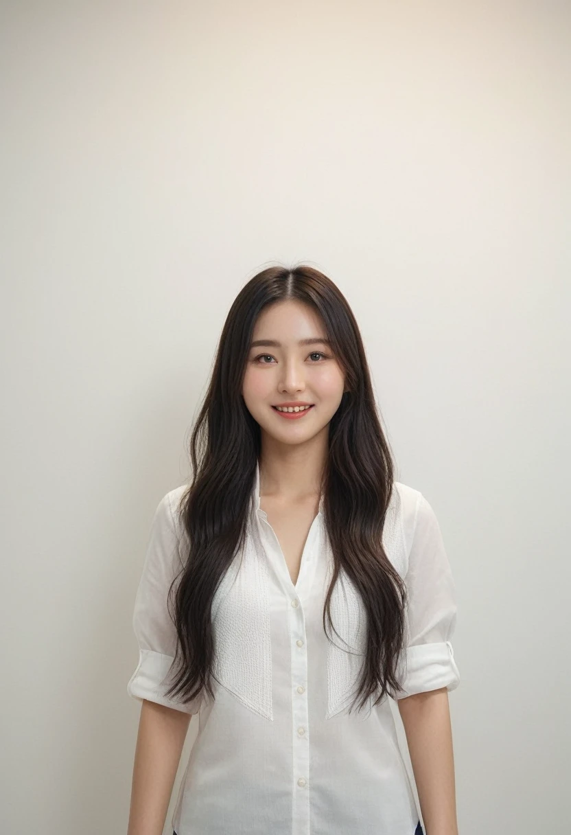 Best Quality, 8k, Masterpiece, (Portrait: 1.3), (photo realistic:1.4), (hyper realistic:1.4), Sharp Focus, looking at viewer, (smoother lighting:1.1), (increase cinematic lighting quality:0.9), realistic lighting, backlighting, light on face, ray trace, (brightening light:1.2), (Increase quality:1.4), sharp detail, (best quality real texture skin:1.4), finely detailed eyes, black_eyes, finely detailed face, 25 year old Korean woman, (white formal_shirt:1.4), (Create an image maintaining the original base model hairstyle:1.5),smiling_face