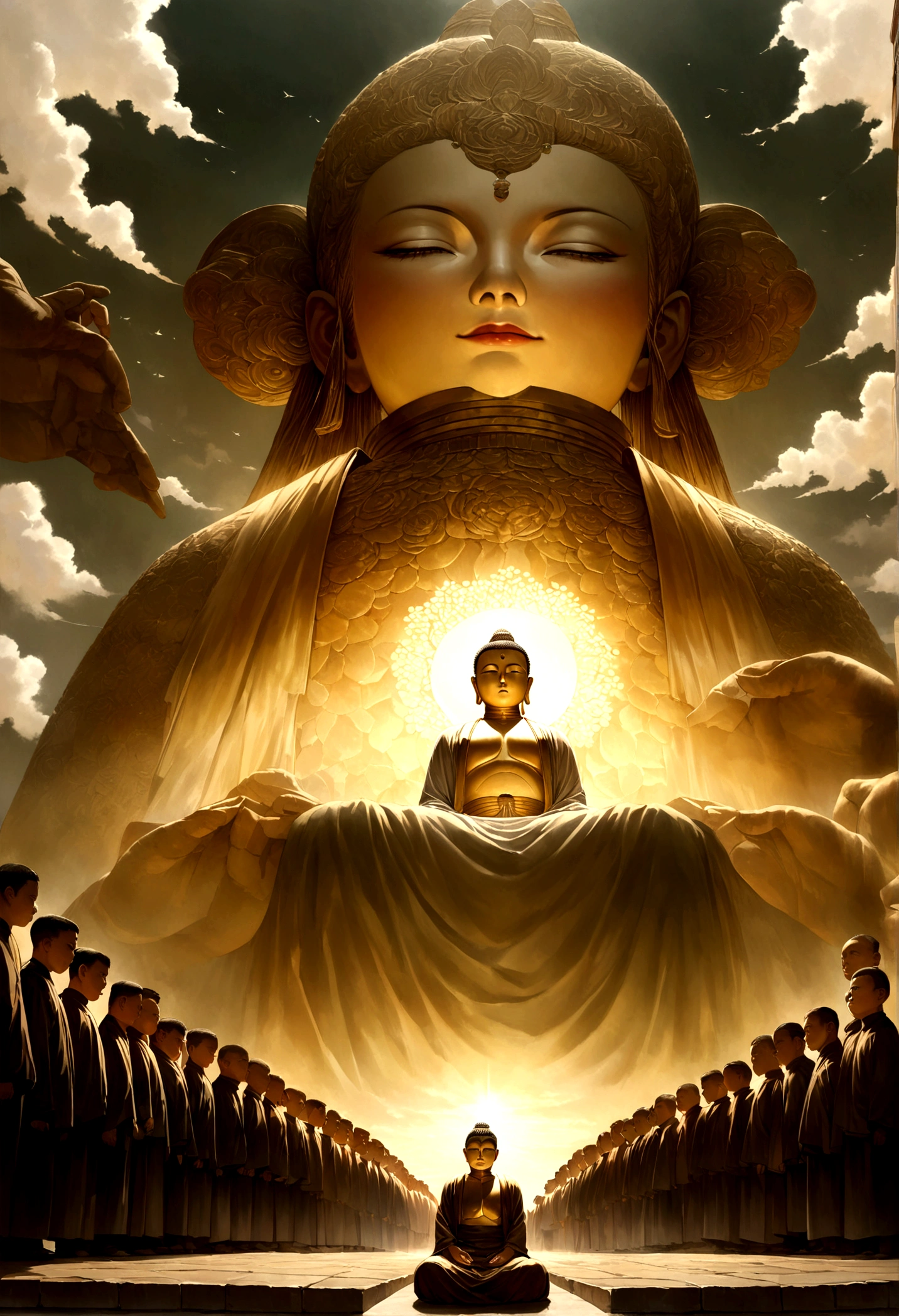 (masterpiece),(best quality),(ultra-detailed), (surrealism), create a picture of Amitabha Buddha sitting solemnly, his kind face in clear detail, below are people kneeling to worship the Buddha, on both sides of the road are blooming lotus flowers, a magical scene, clear weather. green, gentle breeze, realistic outdoor paintings,