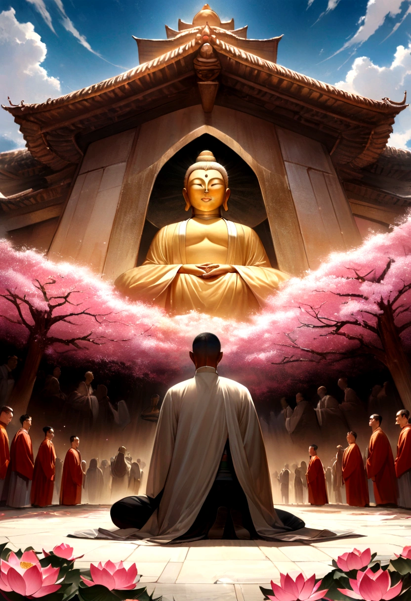 (masterpiece),(best quality),(ultra-detailed), (surrealism), create a picture of Amitabha Buddha sitting solemnly, his kind face in clear detail, below are people kneeling to worship the Buddha, on both sides of the road are blooming lotus flowers, a magical scene, clear weather. green, gentle breeze, realistic outdoor paintings,