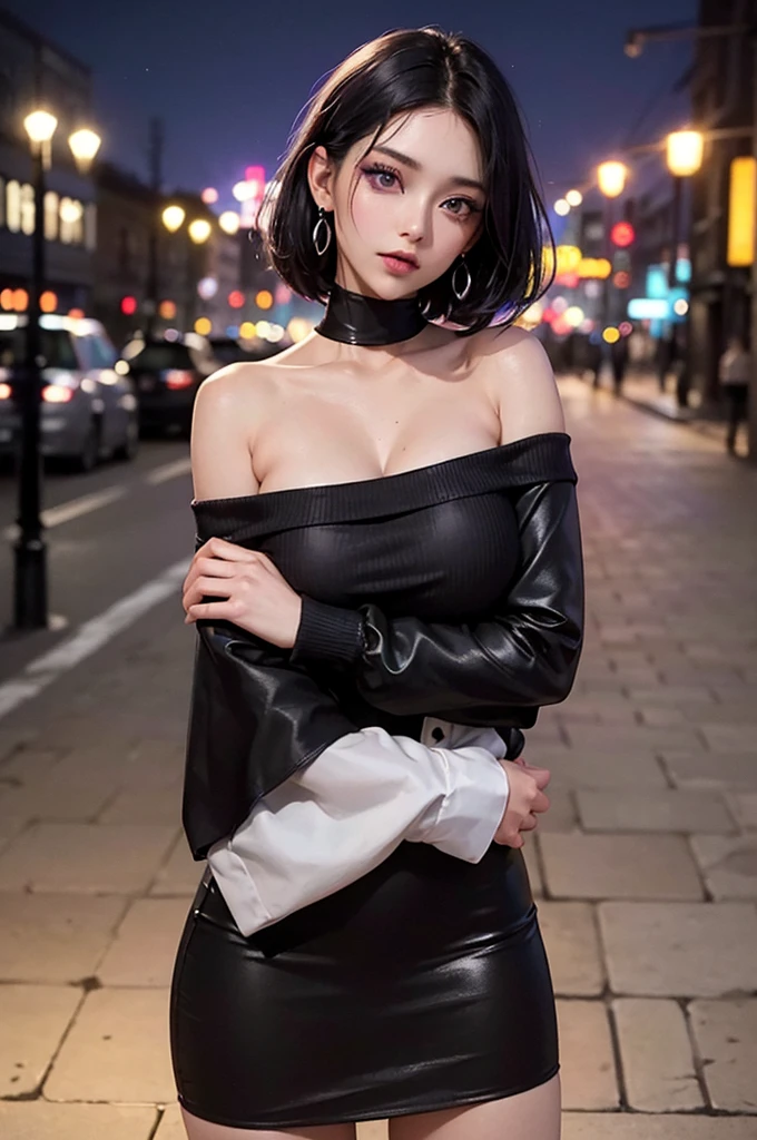 4K Ultra Sharp、Highest quality, masterpiece, Ultra-high resolution, (reality: 1.4), -yeld gi Purple eyes, Off-the-shoulder sweater dress, Cinema Lighting、purple and black hair、(Mine Girl、Goth Makeup、Mine Make-up)、(Earrings、Big Breasts、An oversized black t-shirt with open shoulders、Dark mini skirt)、((Heavy makeup、Oilskin,Glowing Skin、Realistic skin texture、Beautiful skin in every detail、Shiny skin)), Dark downtown at night、night、blue film photography、Dark Cyberpunk、(Full Shot:1.8)、Thin legs、Thin arms、Narrow shoulders、Narrow waist、Slender body、微Big Breasts、whole body、Very short hair like a man、Calm pose