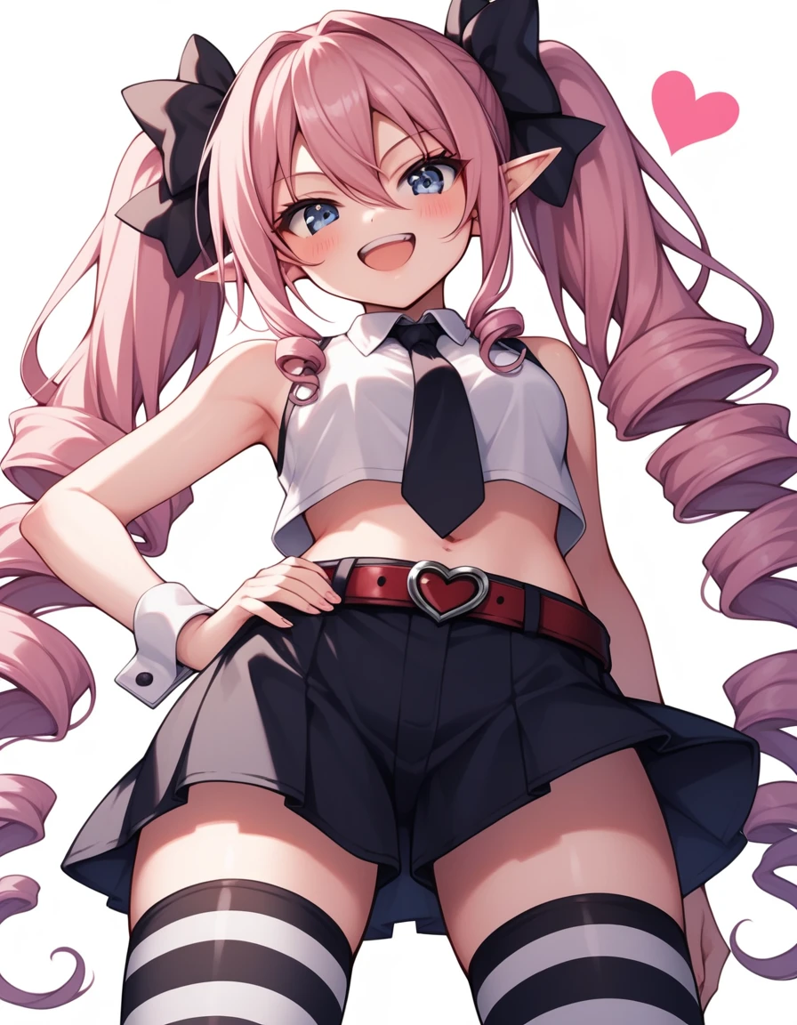 One girl, Knee socks, alone, striped Knee socks, Pink Hair, Striped clothing, , belly button, Long Hair, Drill Hair,, heart, smile, No sleeve shirt, White Background, Put your hands on your hips, Wrist cuff, Twin Drill, Simple Background, No sleeve, View your viewers, Twin tails, Black tie, Pointed Ears, blush, :d, shirt, tooth, bow, blue eyes, white shirt,From below, very Long Hair, Bare shoulders, Crop top, Hair between the eyes, ojou-sama pose, belt, mesugaki , score_9, score_8_superior, score_7_superior, score_6_superior,