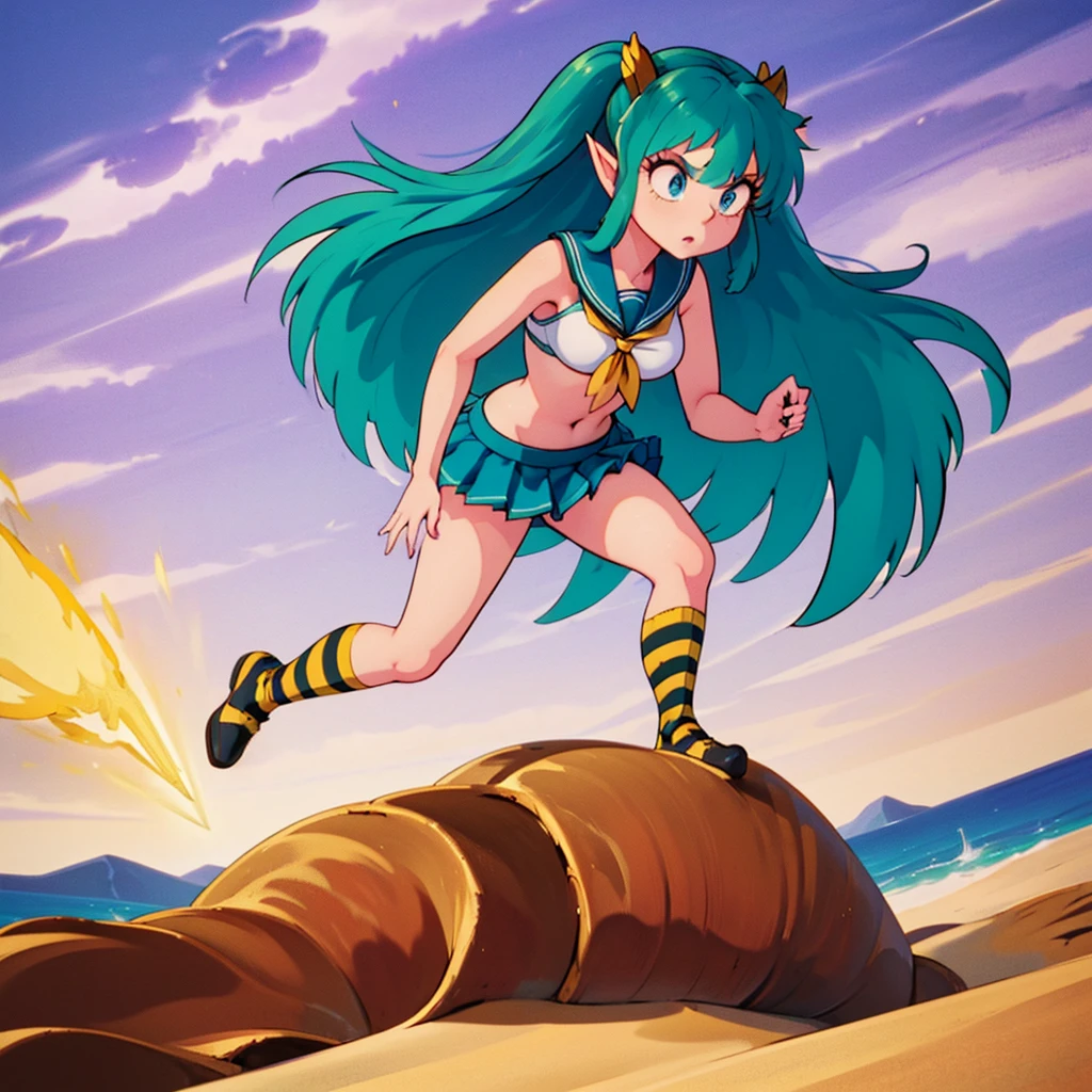 lum, long hair, bangs, blue hair, blue eyes, horns, pointy ears, aqua hair, oni horns, shirt, long sleeves, , serafuku, sailor collar, neckerchief, yellow neckerchief, shirt, blue shirt, blue sailor collar, blue skirt, eyeshadow, (score_9, score_8_up, score_7_up), masterpiece, best quality, absurdres, unity, 8k, wallpaper, hi res, dramatic lighting, detailed facial features, high quality, cinematic composition, dramatic atmosphere, digital art, concept art, 8k, ultra-detailed, professional rendering, dramatic color palette, lum, (solo:1.3), 1girl, tiny horns, riding a sci-fi motorcycle, smile, motor vehicle, skirt, riding, highly detailed face, highly detailed eyes, blue eyes, perfect anatomy, super detailed skin, (outdoors, beach, seaside, beautiful landscape, island, 1980s style, anime style, (full body), (dynamic angle, dynamic pose:1.3), (flying:1.3), floating in air, floating under seabeach, animal print, strapless_bikini, breasts, (intricate details:1.4), cleavage, large breasts, (two-tone hair, green hair, black hair:1.1), floating hair, groin, small horns, (cowboy shot), looking at viewer, navel, print bikini, swimsuit, tiger print, tiger stripes, (electrokinetic, electrokinesis, spark effect, electricity:1.3), lightning shooting from hands, epic fantasy scene, dark ominous clouds, dynamic pose, cute doodle, 