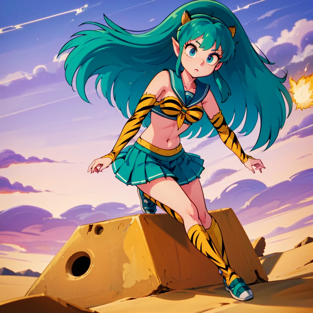 lum, long hair, bangs, blue hair, blue eyes, horns, pointy ears, aqua hair, oni horns, shirt, long sleeves, , serafuku, sailor collar, neckerchief, yellow neckerchief, shirt, blue shirt, blue sailor collar, blue skirt, eyeshadow, (score_9, score_8_up, score_7_up), masterpiece, best quality, absurdres, unity, 8k, wallpaper, hi res, dramatic lighting, detailed facial features, high quality, cinematic composition, dramatic atmosphere, digital art, concept art, 8k, ultra-detailed, professional rendering, dramatic color palette, lum, (solo:1.3), 1girl, tiny horns, riding a sci-fi motorcycle, smile, motor vehicle, skirt, riding, highly detailed face, highly detailed eyes, blue eyes, perfect anatomy, super detailed skin, (outdoors, beach, seaside, beautiful landscape, island, 1980s style, anime style, (full body), (dynamic angle, dynamic pose:1.3), (flying:1.3), floating in air, floating under seabeach, animal print, strapless_bikini, breasts, (intricate details:1.4), cleavage, large breasts, (two-tone hair, green hair, black hair:1.1), floating hair, groin, small horns, (cowboy shot), looking at viewer, navel, print bikini, swimsuit, tiger print, tiger stripes, (electrokinetic, electrokinesis, spark effect, electricity:1.3), lightning shooting from hands, epic fantasy scene, dark ominous clouds, dynamic pose, cute doodle, 