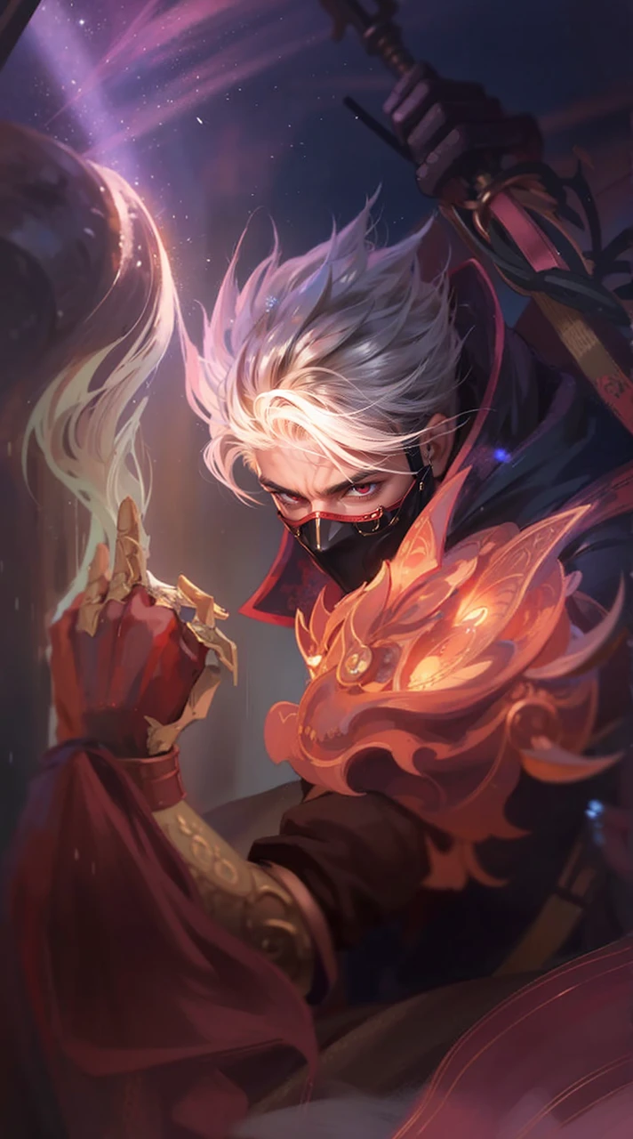 a close up of a guy with a steampunk mask on, Best quality, masterpiece, detailed skin texture, detailed clothes texture, detailed face, super detail, 8k, intricate detail, 1 boy, The color doesn't change, Muscle guy, 1 guy, strong red eye glow (red eye:1.2)