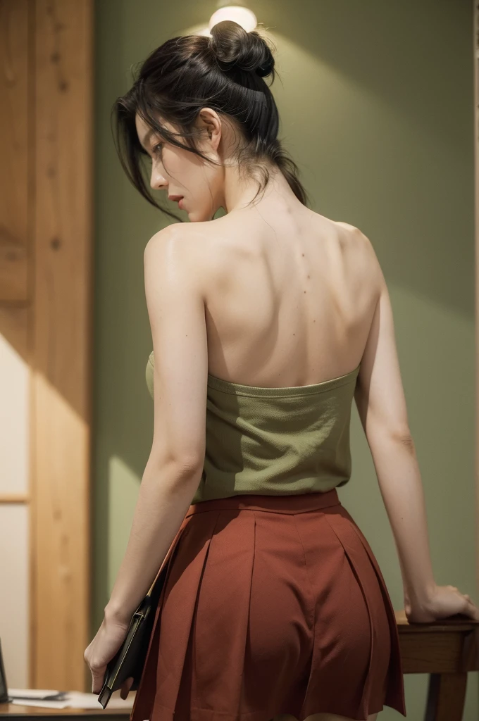 (((best quality))),(((ultra detailed))),(((masterpiece))),illustration,((1 beautiful young girl,female soldier,solo)),(short black ponytail:1.2),((slim,thin)),((shoulder off,strapless,bare back,towering hips,butt crack)),determined,professional,demeanor,(light green collared short-sleeved shirt:1.3),(dark green pleated skirt:1.2),(slender legs:1.2),military,affiliation,background,military conference room,walls,maps,battlefields,strategic points,markings,(large red flag),nation's unity,strength,seriousness,planning,important discussion,rigid posture,focused expression,confidence,respectability,bright intense eyes,analyzing situation,contribute thoughts,ideas,charm,powerful,intense atmosphere,freezes moment in time,essence,striking appearance,(night scene:1.2),((from back,upper body))