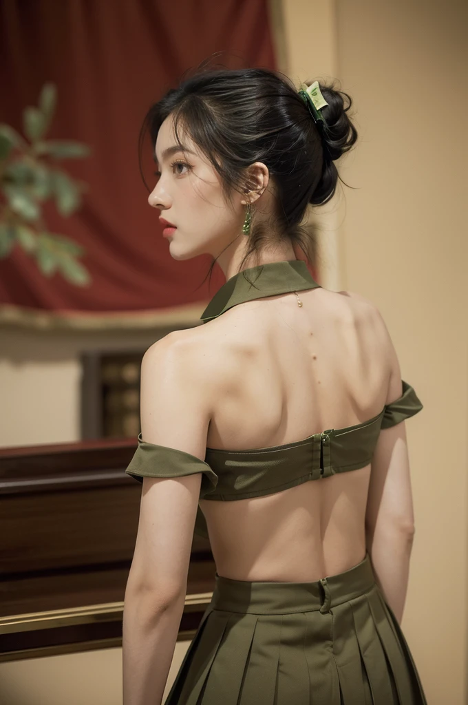 (((best quality))),(((ultra detailed))),(((masterpiece))),illustration,((1 beautiful young girl,female soldier,solo)),(short black ponytail:1.2),((slim,thin)),((shoulder off,strapless,bare back,towering hips,butt crack)),determined,professional,demeanor,(light green collared short-sleeved shirt:1.3),(dark green pleated skirt:1.2),(slender legs:1.2),military,affiliation,background,military conference room,walls,maps,battlefields,strategic points,markings,(large red flag),nation's unity,strength,seriousness,planning,important discussion,rigid posture,focused expression,confidence,respectability,bright intense eyes,analyzing situation,contribute thoughts,ideas,charm,powerful,intense atmosphere,freezes moment in time,essence,striking appearance,(night scene:1.2),((from back,upper body))