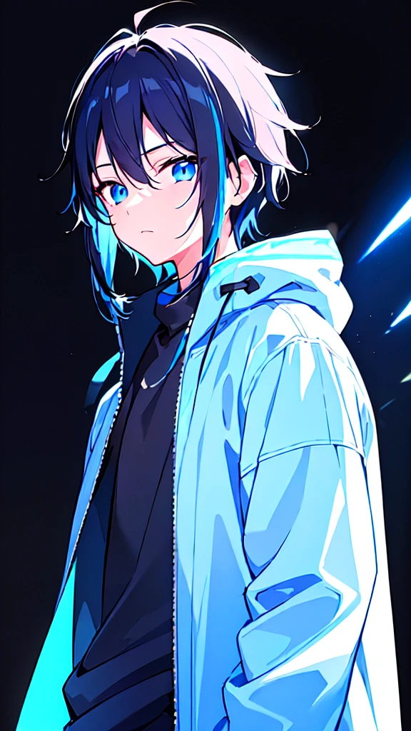 [(BLACK BACKGROUND:1.5),::5], ((((masterpiece)))), high quality, ultra very high resolution, full color, (((solo))), ((**********)), BLACK hair, (Blue streaked hair), (oriental deepblue eyes), anime, ((upper body)), Summer clothes, neon light, black parka, 